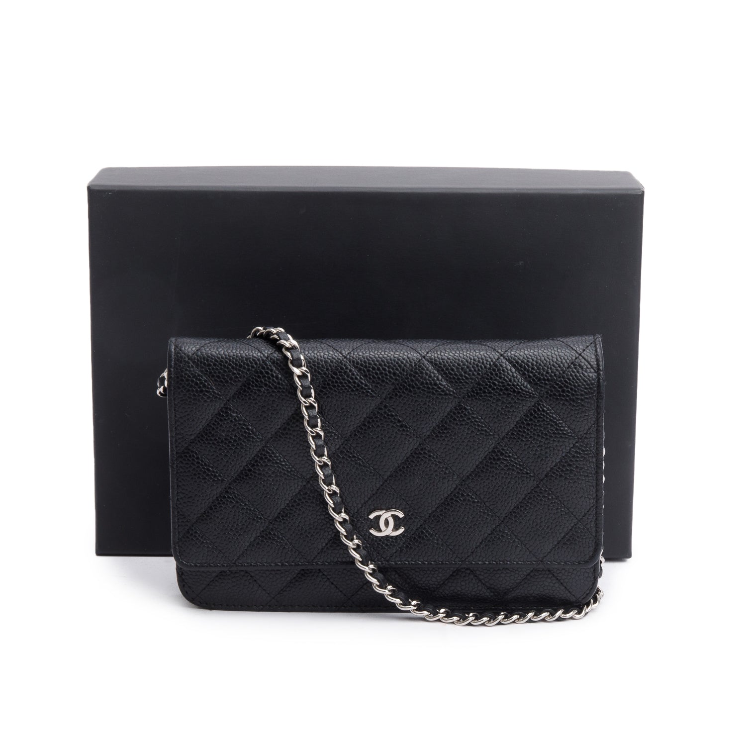 Chanel Black Quilted Caviar Leather Classic Wallet on Chain w/ Box, Receipt & Authenticity Card