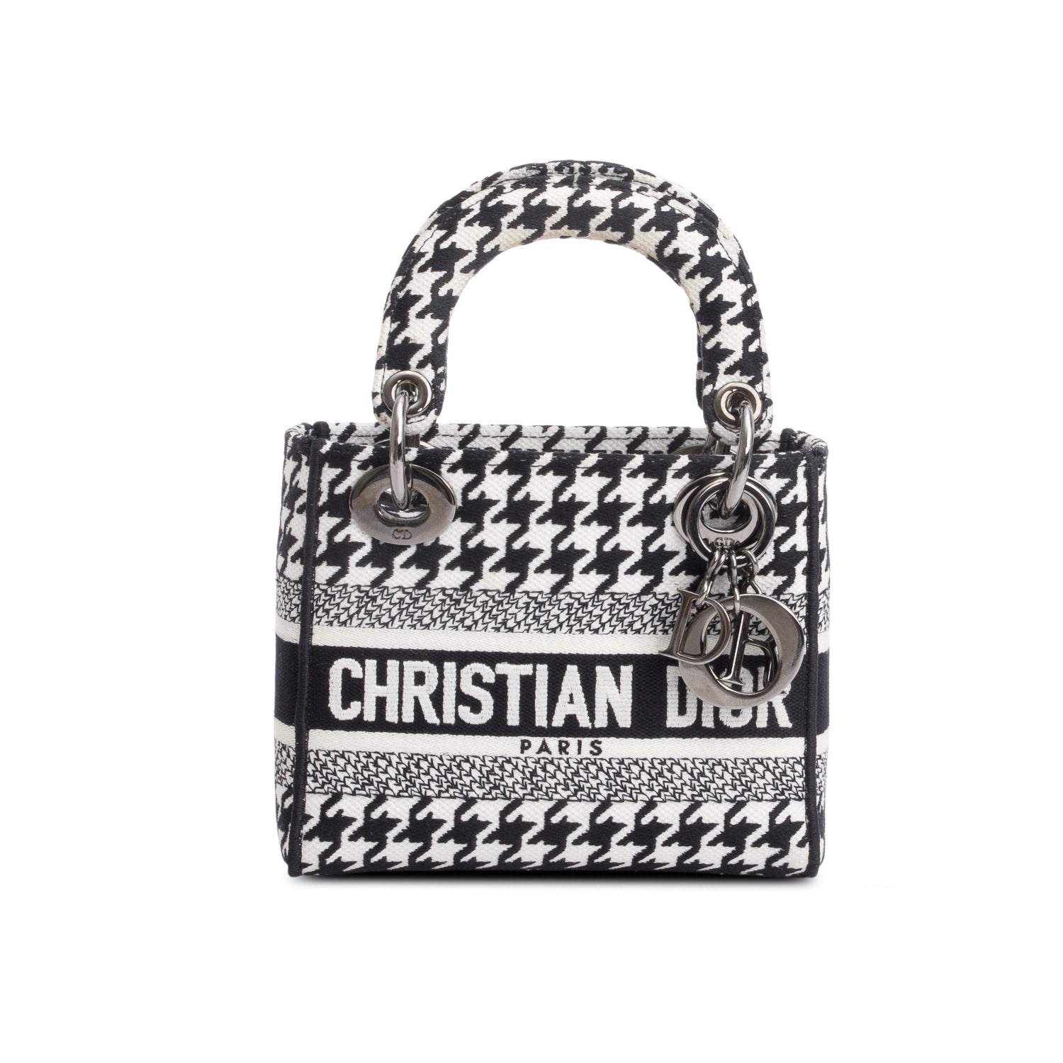 Christian Dior 2022 Black/White Houndstooth Canvas Mini Lady D-Lite Bag w/ Strap