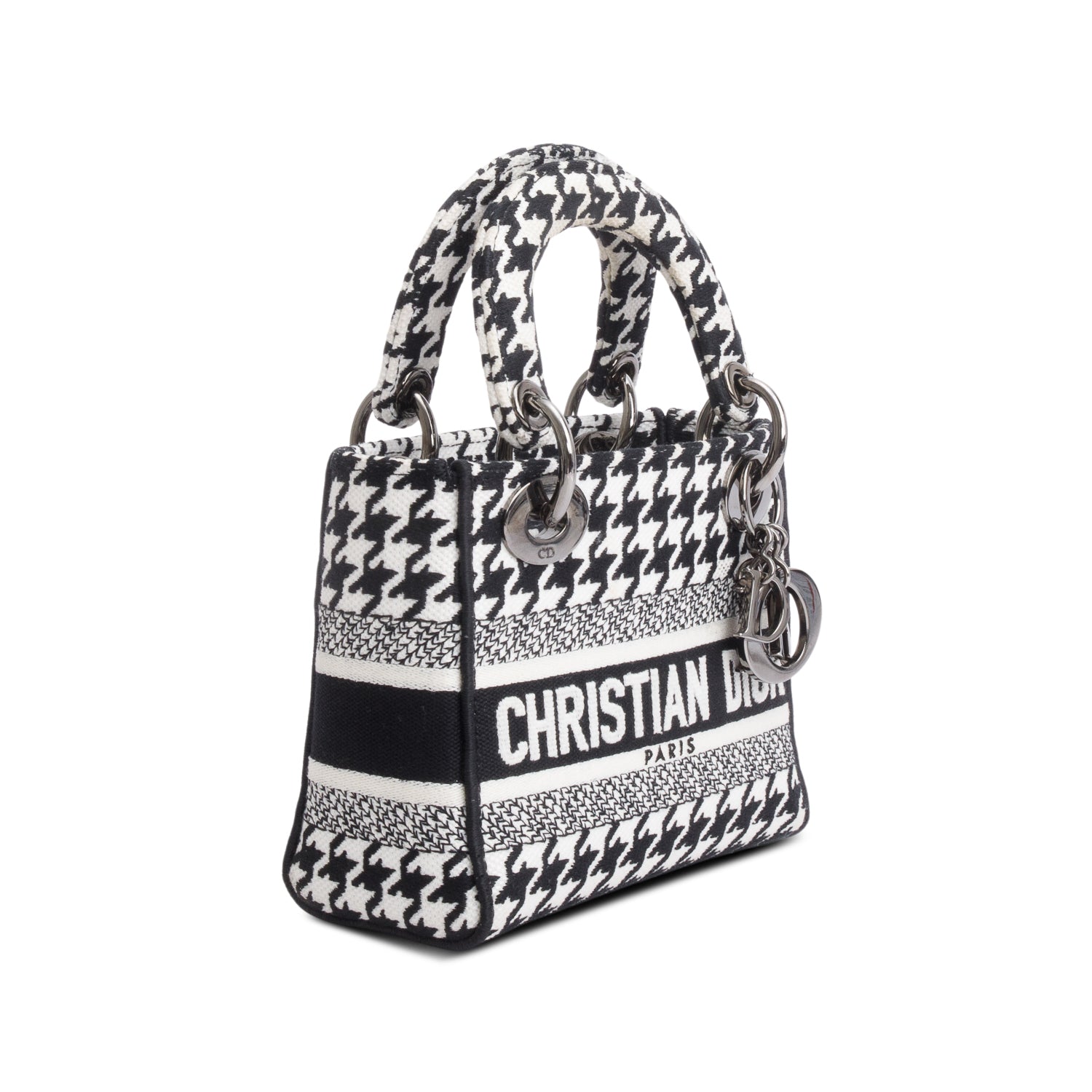 Christian Dior 2022 Black/White Houndstooth Canvas Mini Lady D-Lite Bag w/ Strap