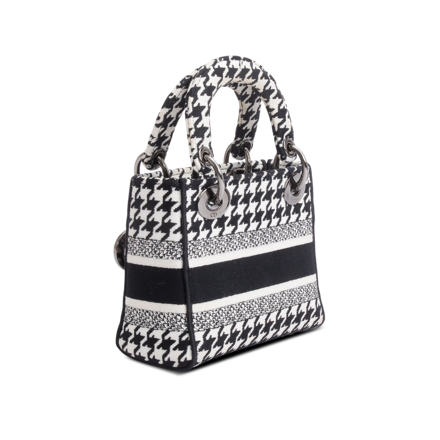 Christian Dior 2022 Black/White Houndstooth Canvas Mini Lady D-Lite Bag w/ Strap