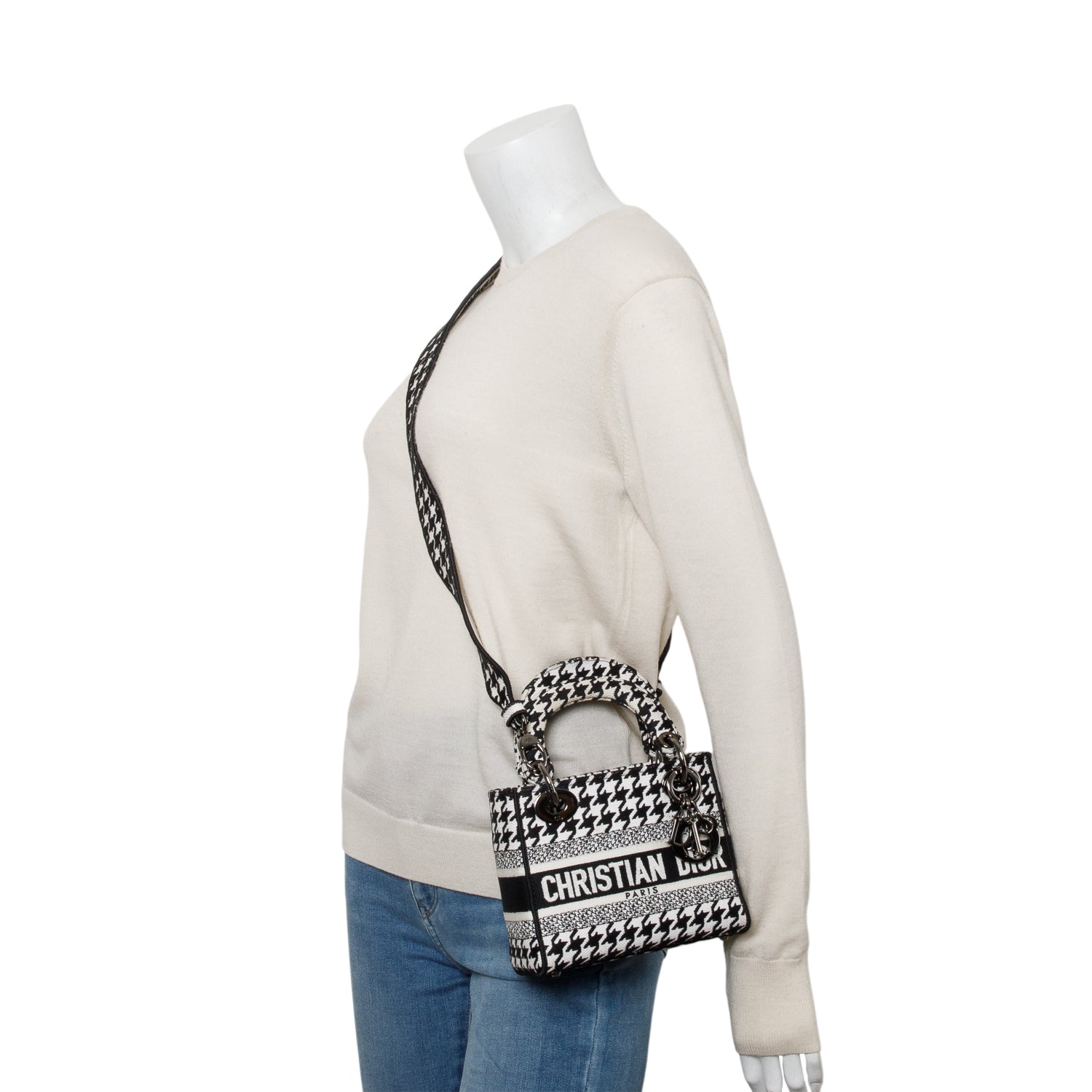 Christian Dior 2022 Black/White Houndstooth Canvas Mini Lady D-Lite Bag w/ Strap
