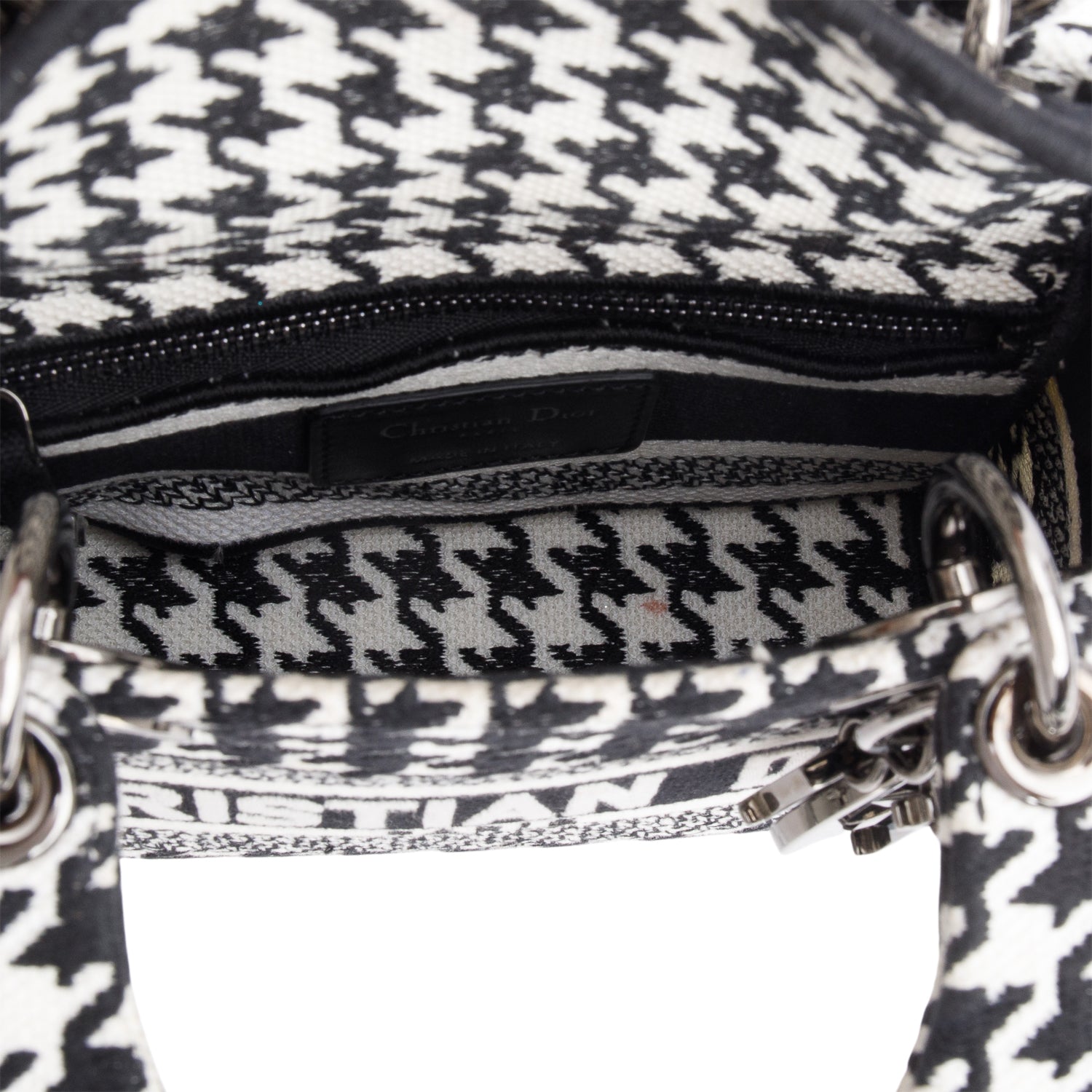 Christian Dior 2022 Black/White Houndstooth Canvas Mini Lady D-Lite Bag w/ Strap