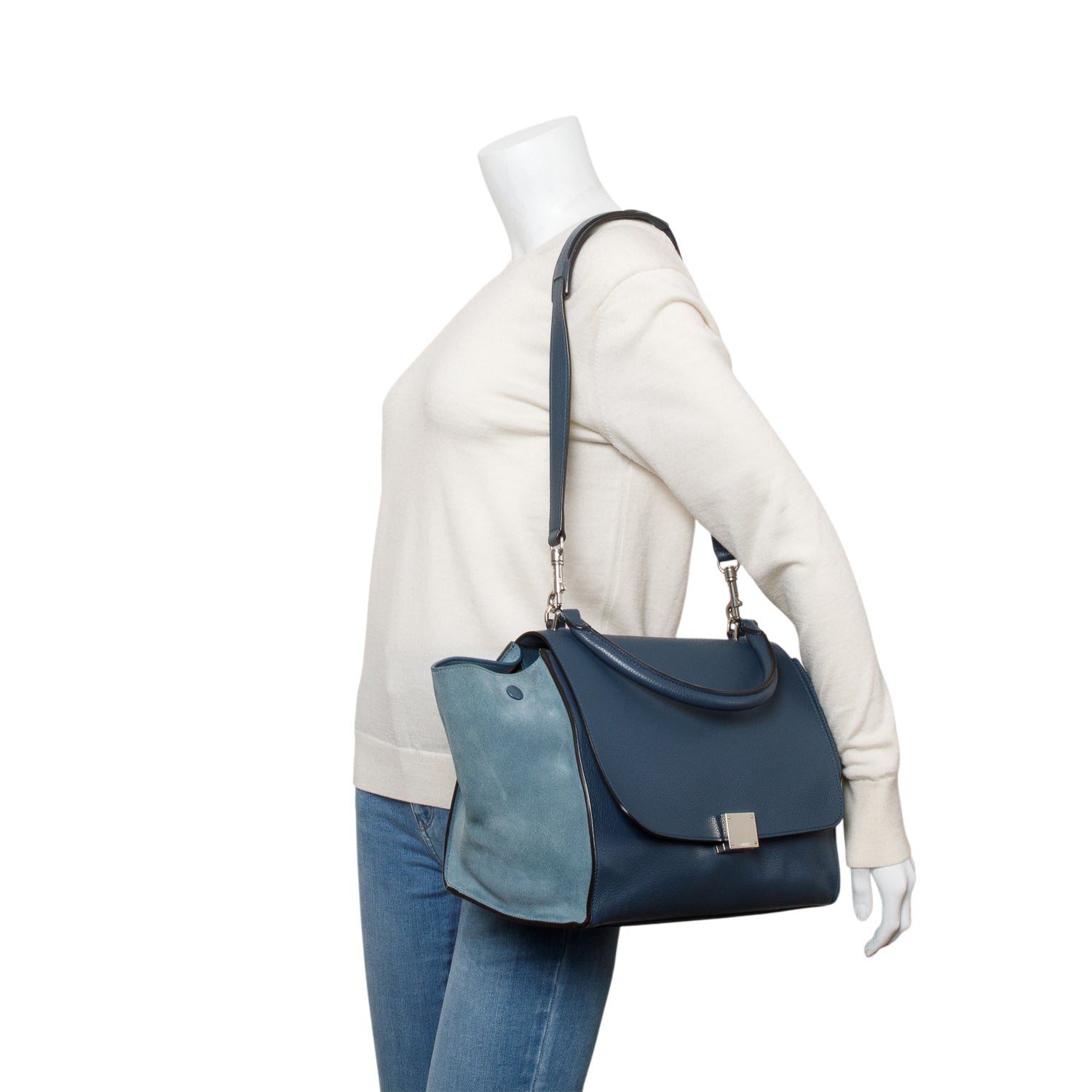 Celine Blue Calfskin Leather Suede Trim Medium Trapeze Bag w/ Strap