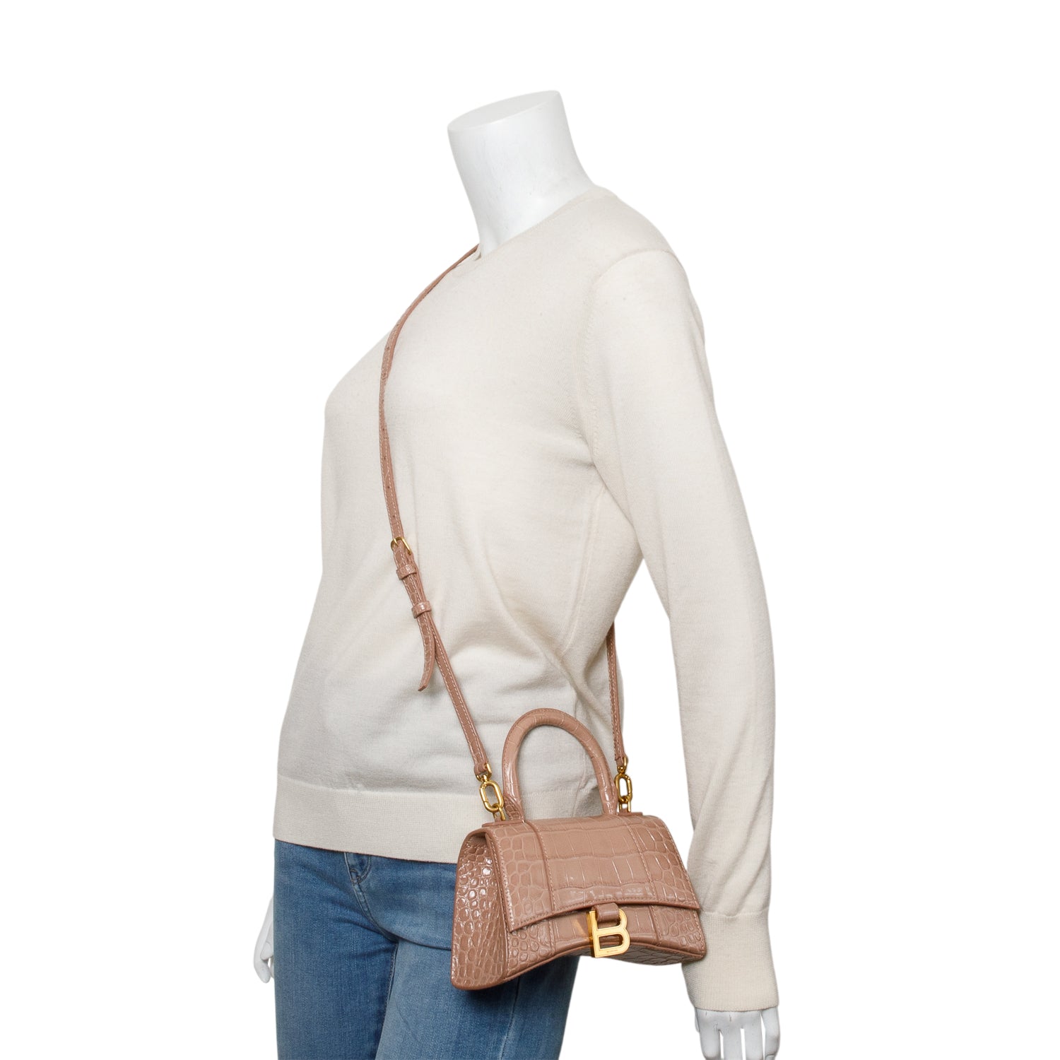 Balenciaga Beige Croc-Embossed Leather XS Hourglass Top Handle Bag w/ Strap
