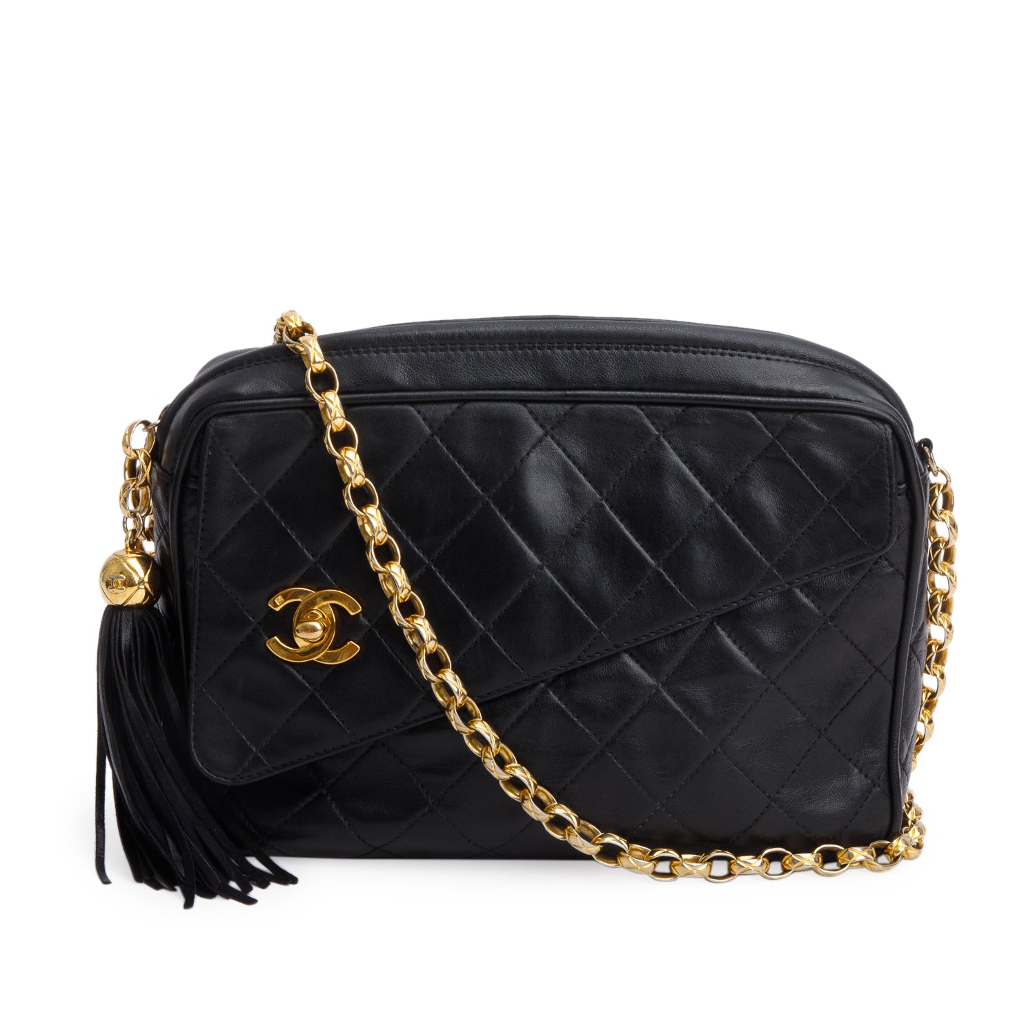 Chanel Vintage Black Quilted Lambskin Leather Bijoux CC Tassel Camera Bag