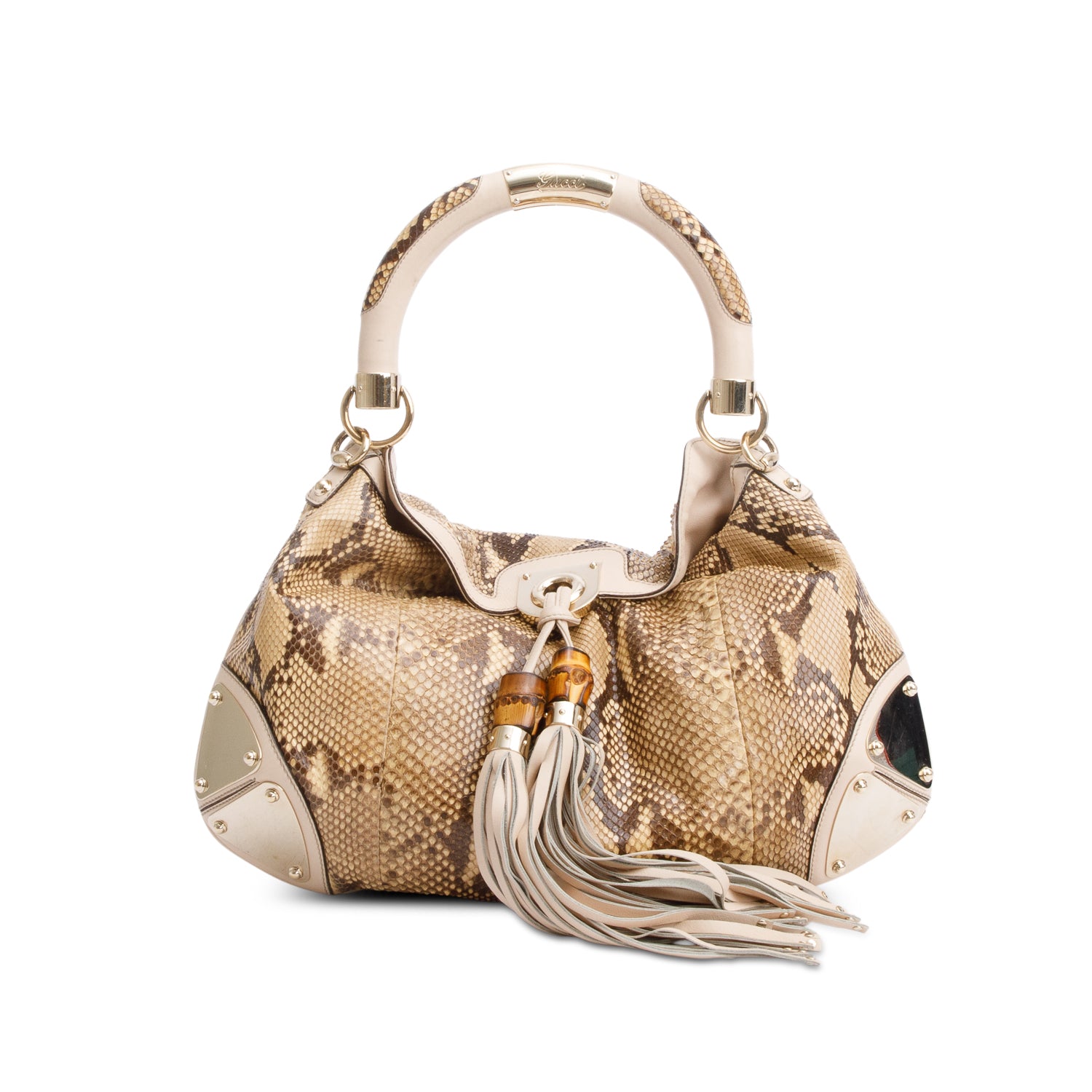 Gucci Beige Leather Trim Python Medium Indy Babouska Hobo w/ Strap