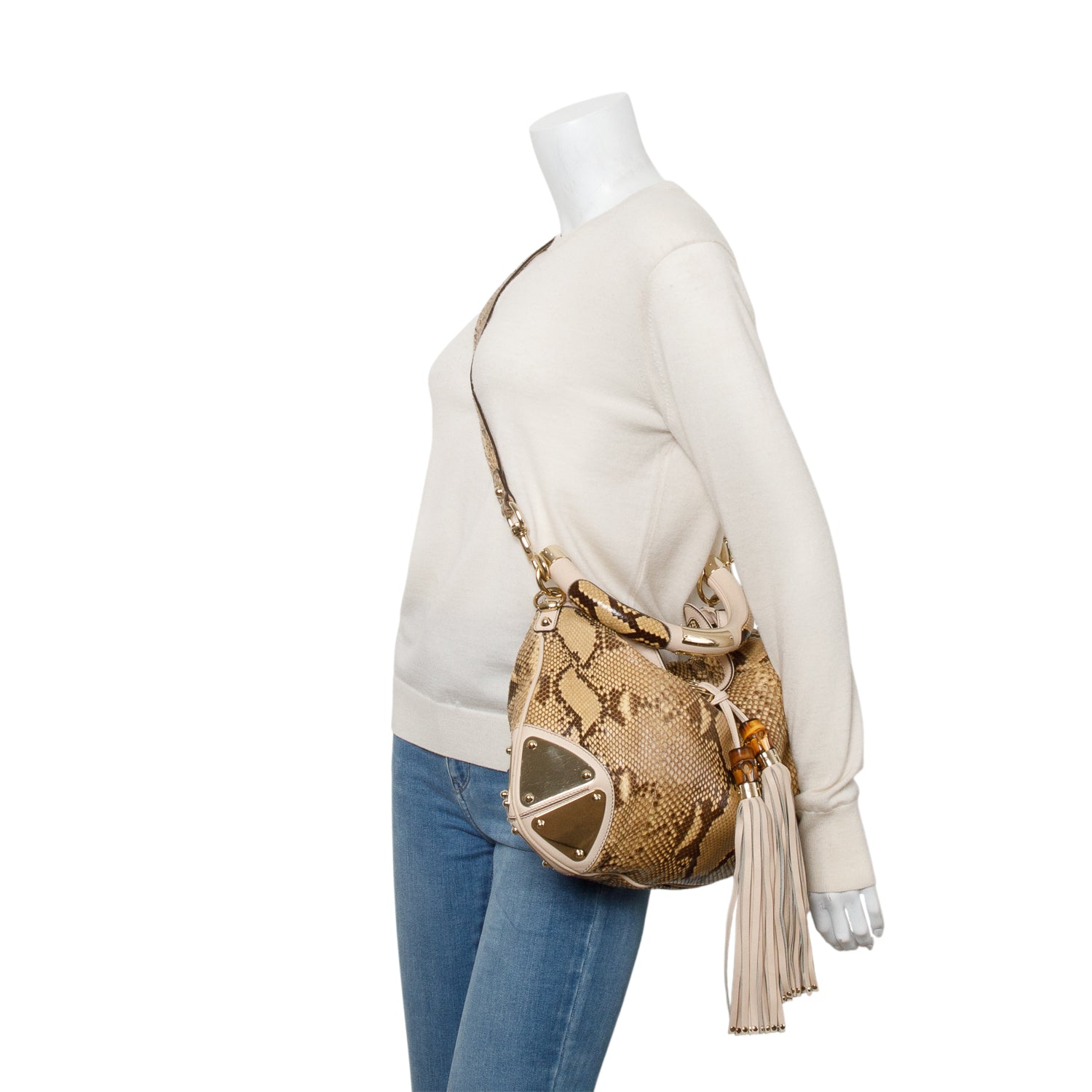 Gucci Beige Leather Trim Python Medium Indy Babouska Hobo w/ Strap