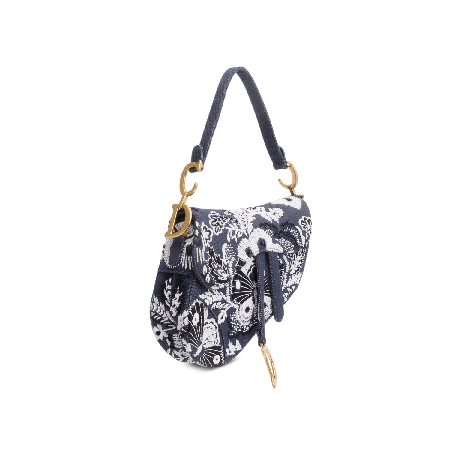 Christian Dior 2023 Blue Denim Embroidered Strass Beaded Butterfly & Flowers Medium Saddle Bag w/ Strap