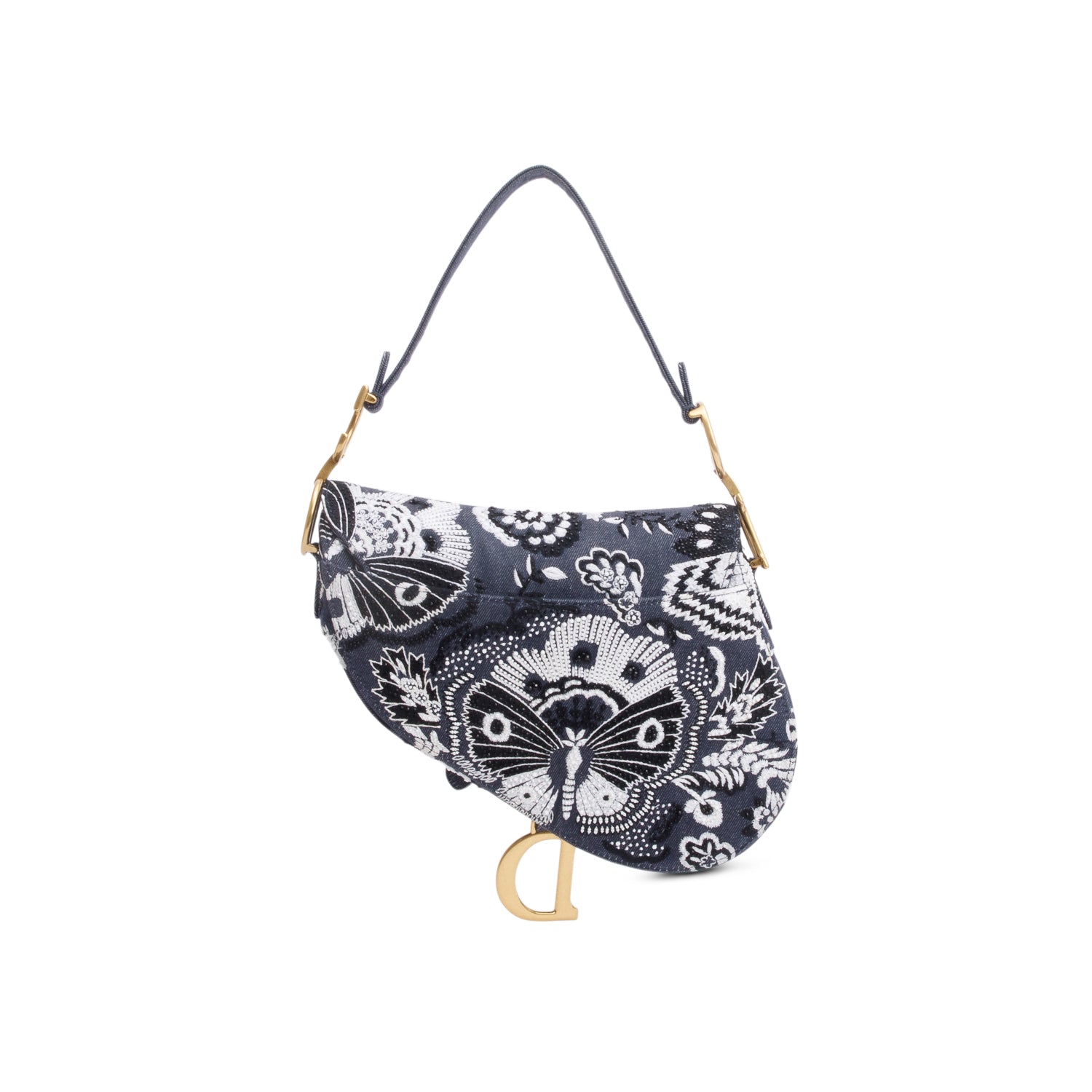 Christian Dior 2023 Blue Denim Embroidered Strass Beaded Butterfly & Flowers Medium Saddle Bag w/ Strap