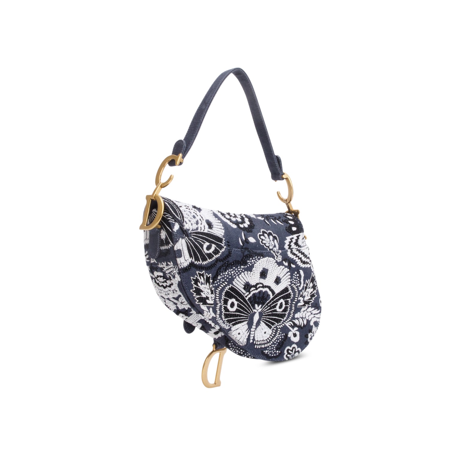 Christian Dior 2023 Blue Denim Embroidered Strass Beaded Butterfly & Flowers Medium Saddle Bag w/ Strap