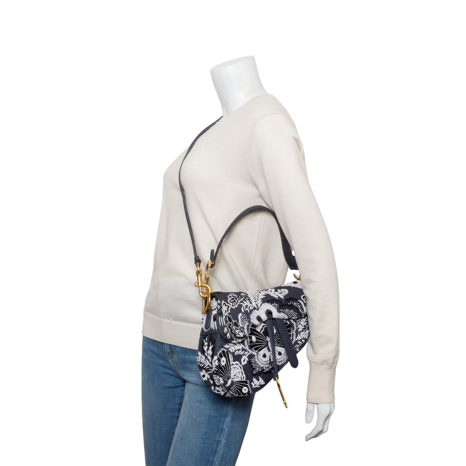 Christian Dior 2023 Blue Denim Embroidered Strass Beaded Butterfly & Flowers Medium Saddle Bag w/ Strap