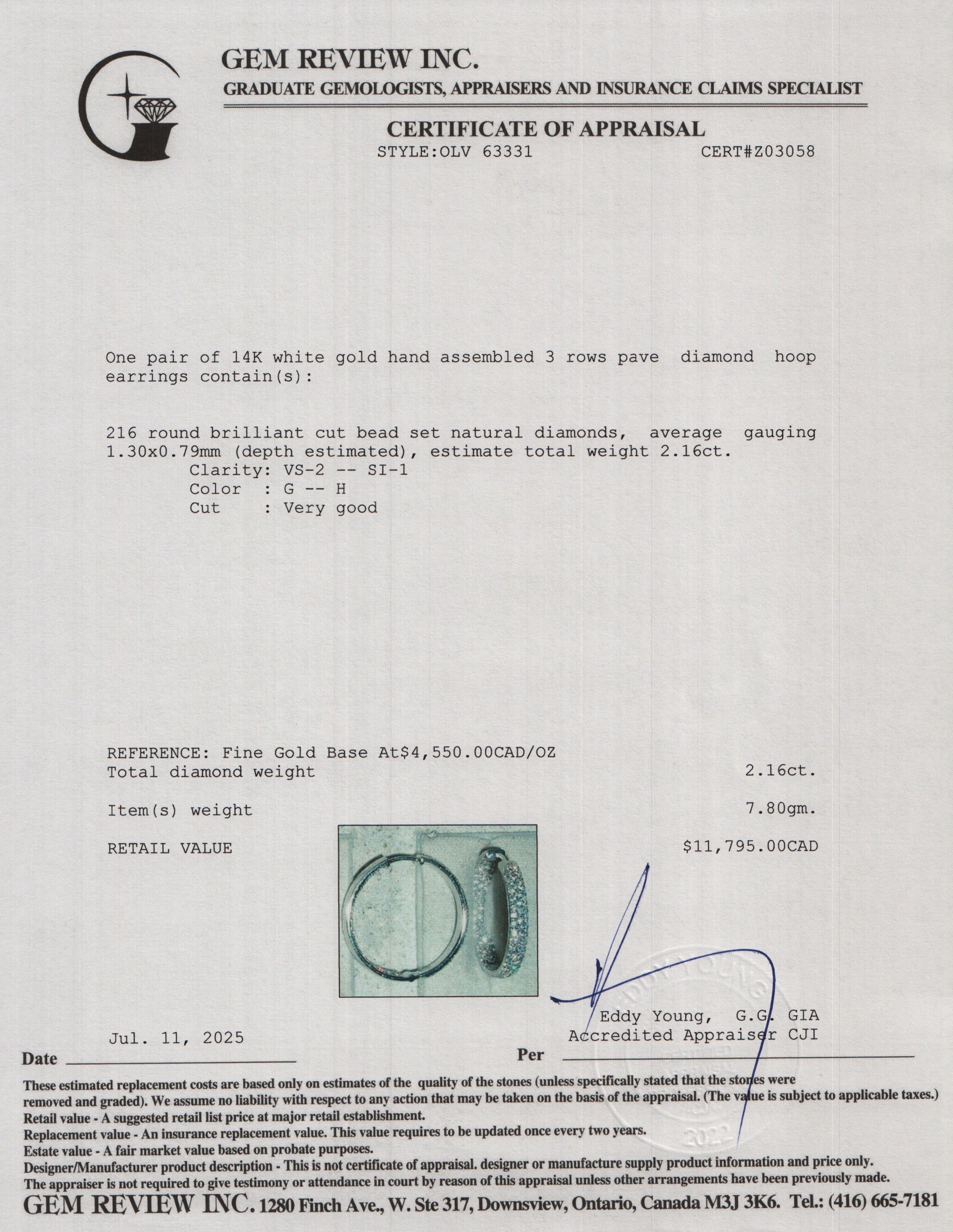 14k White Gold Pave Diamond Hoop Earrings