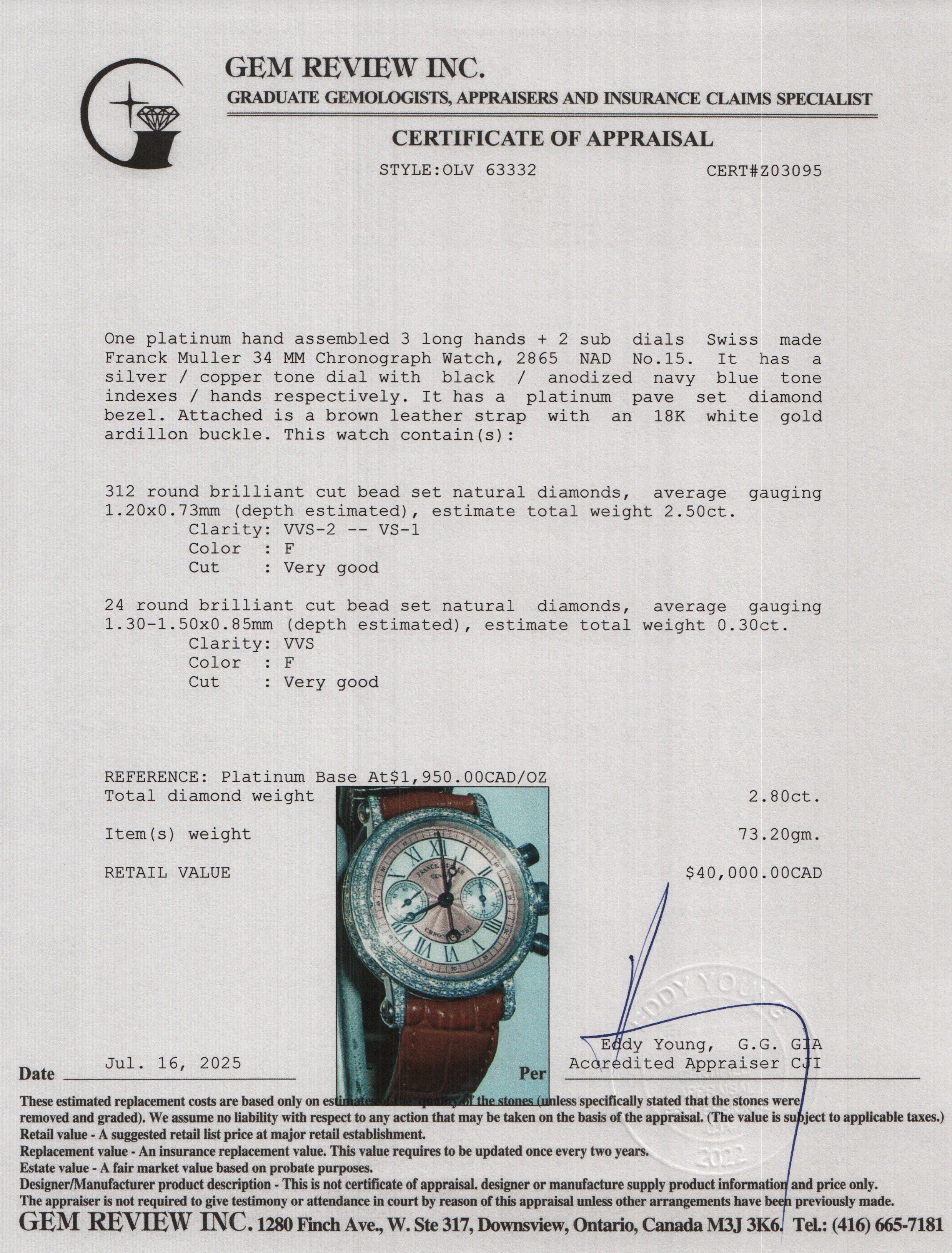 Franck Muller Platinum Pave Diamond 34 MM Chronograph Watch 2865 NAD