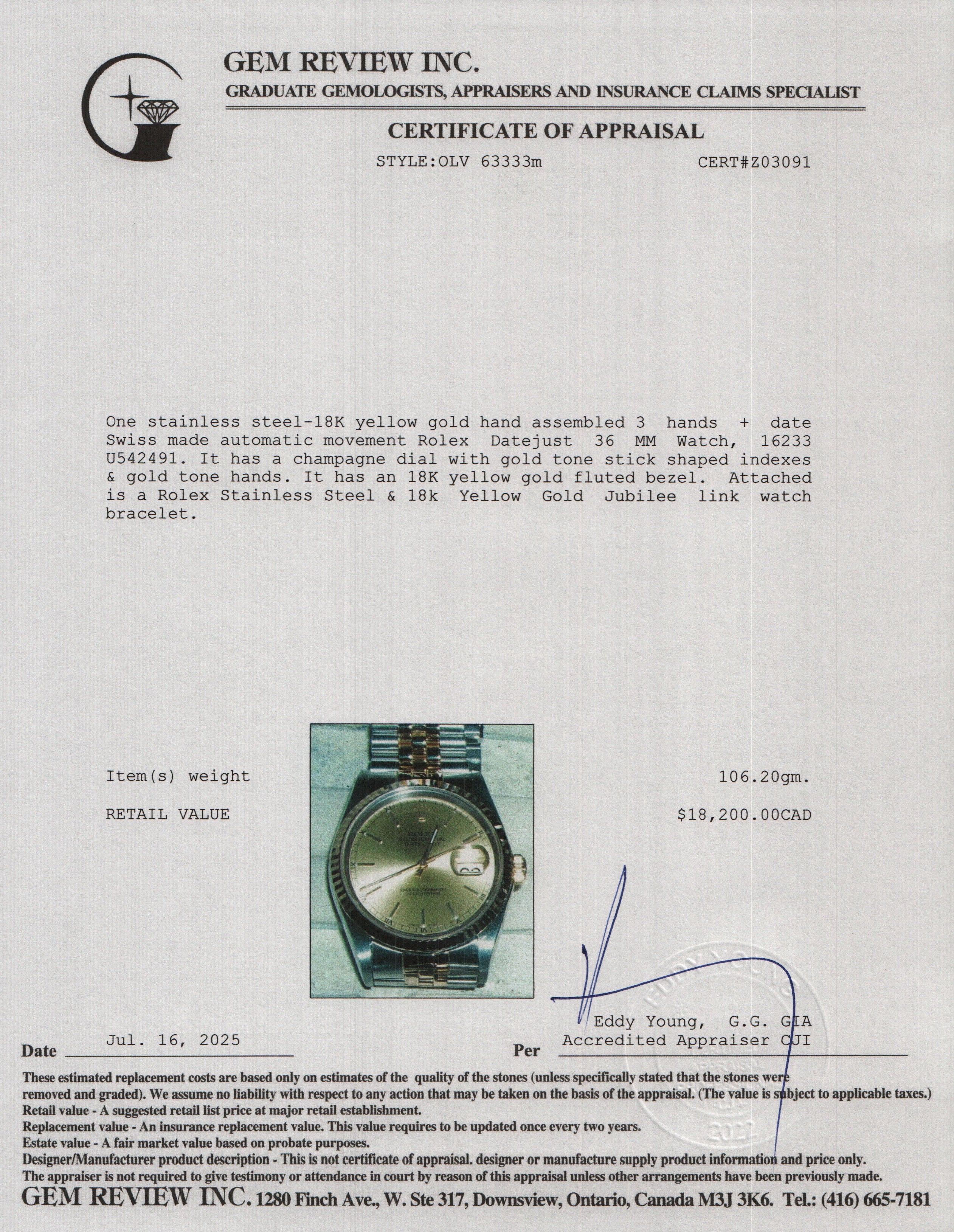 Rolex Stainless Steel & 18k Yellow Gold Datejust 36 MM Watch 16233