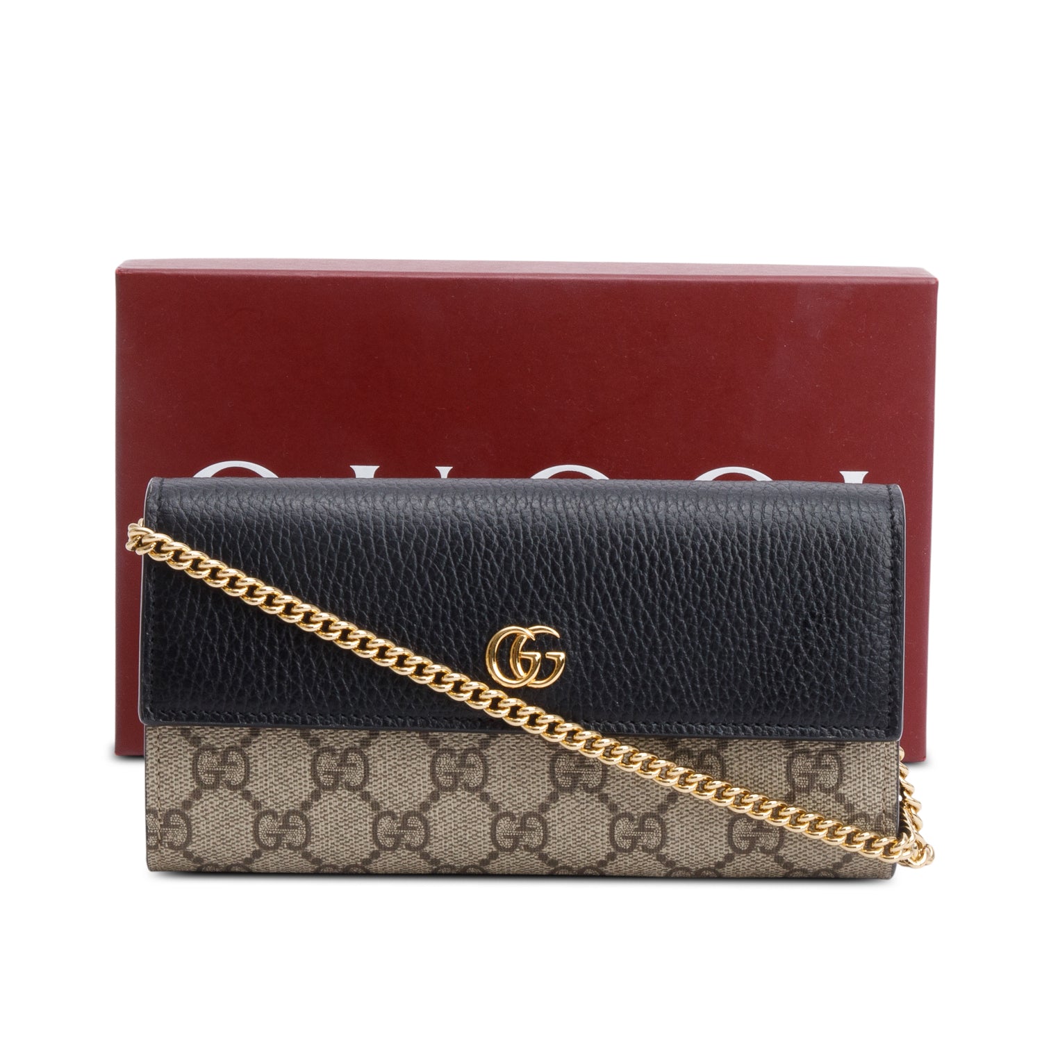 Gucci Black Calfskin Leather GG Supreme Marmont Bi-Color Wallet On Chain w/ Box