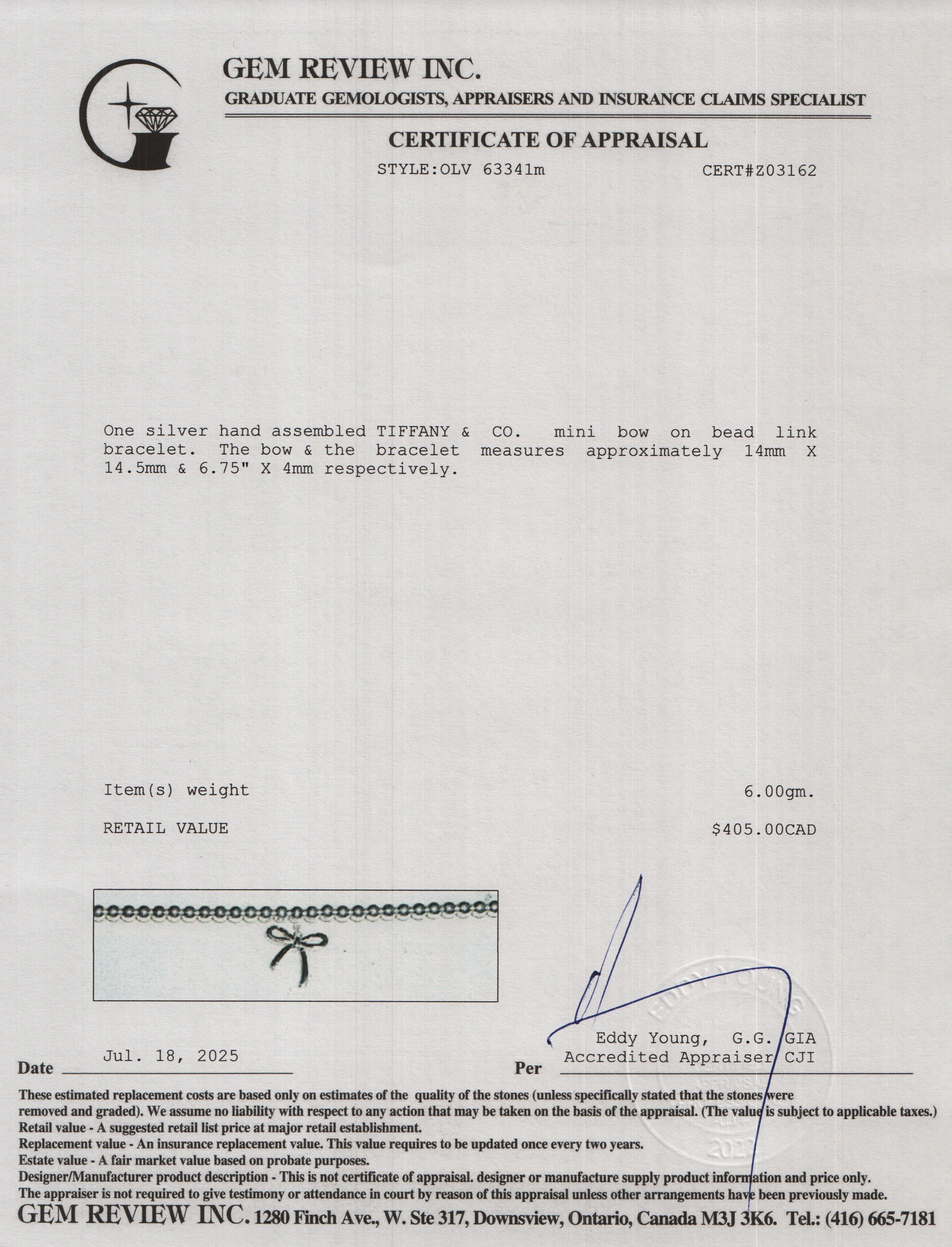 Tiffany & Co. Sterling Silver Mini Bow 4 MM Bead Bracelet