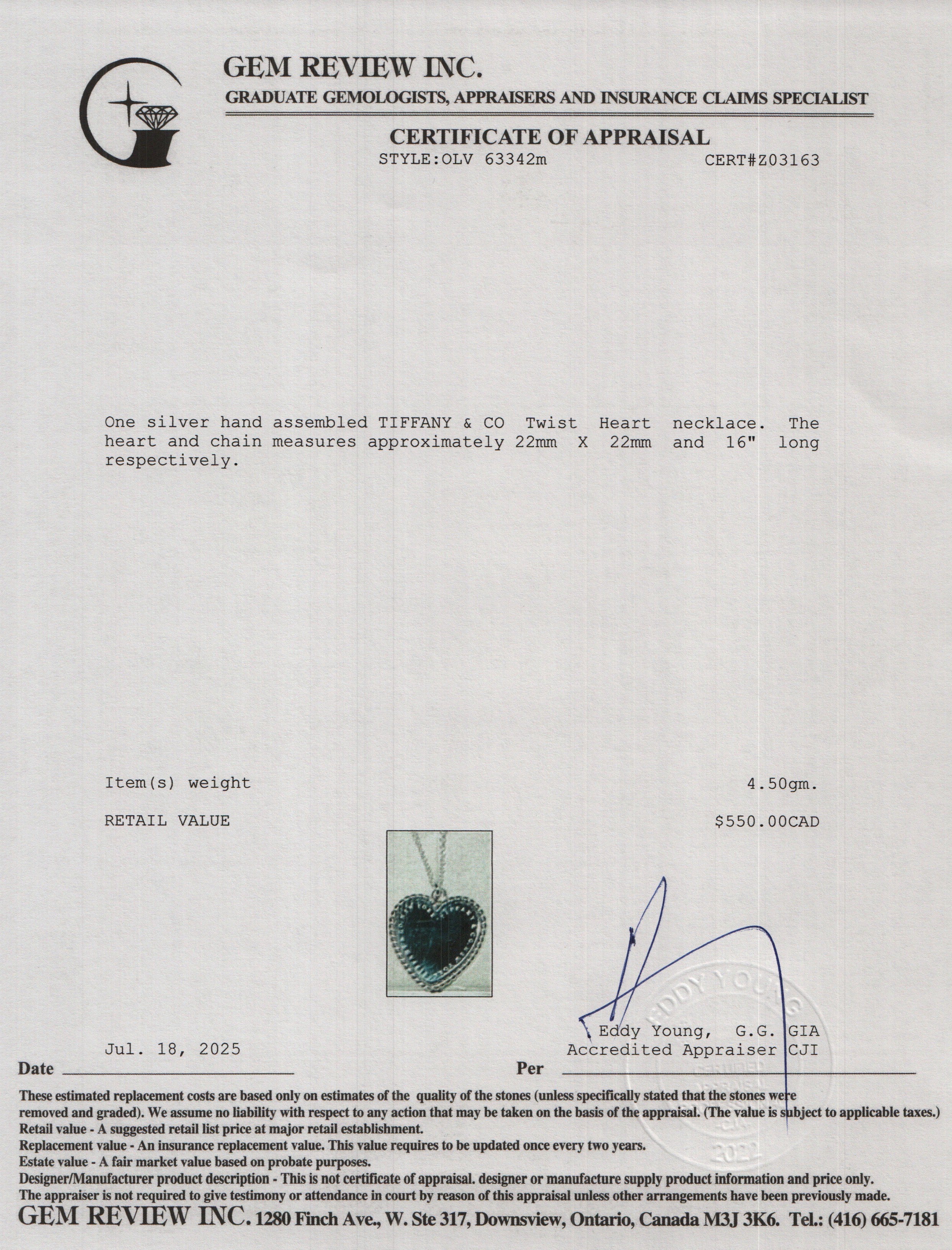 Tiffany & Co. Sterling Silver Twist Heart Charm Necklace