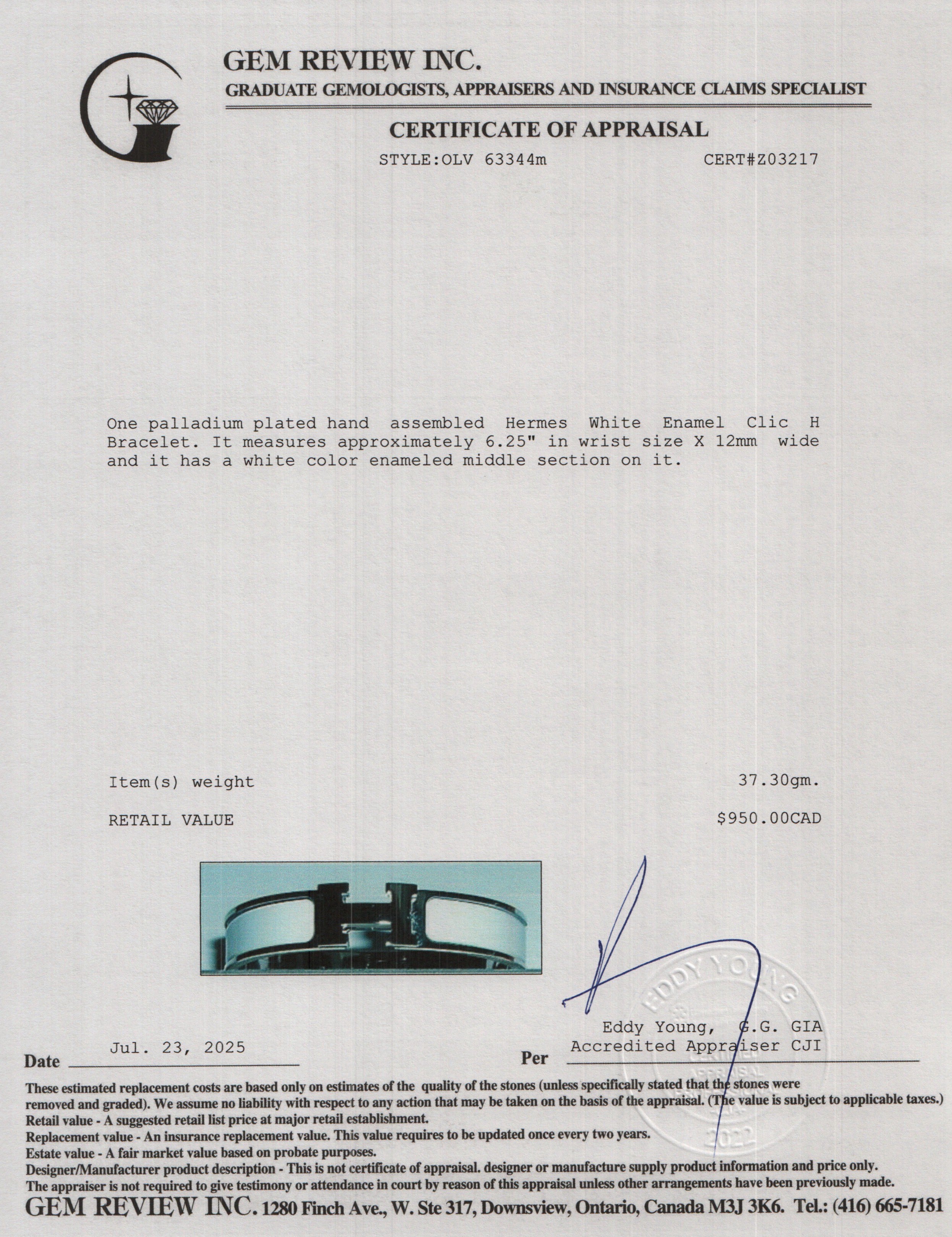 Hermes Palladium Plated White Enamel 12 MM Clic H Bracelet w/ Box & Gift Receipt