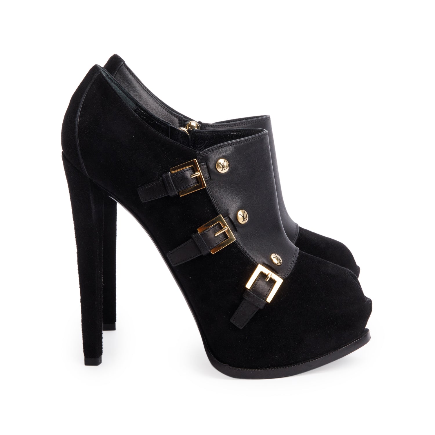 Louis Vuitton Black Leather Suede Platform Brigade Ankle Booties, Size 37.5 w/ Box & Receipt