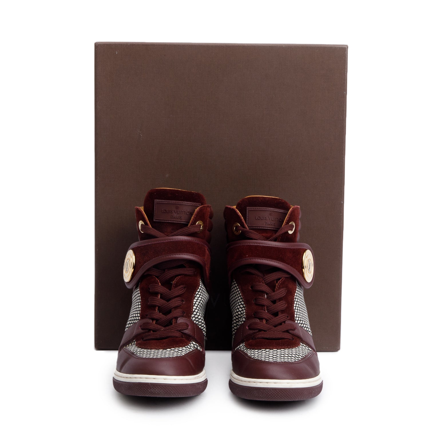 Louis Vuitton Burgundy Suede/Leather Postmark Wedge High-Top Sneakers, Size 37.5 w/ Box & Receipt