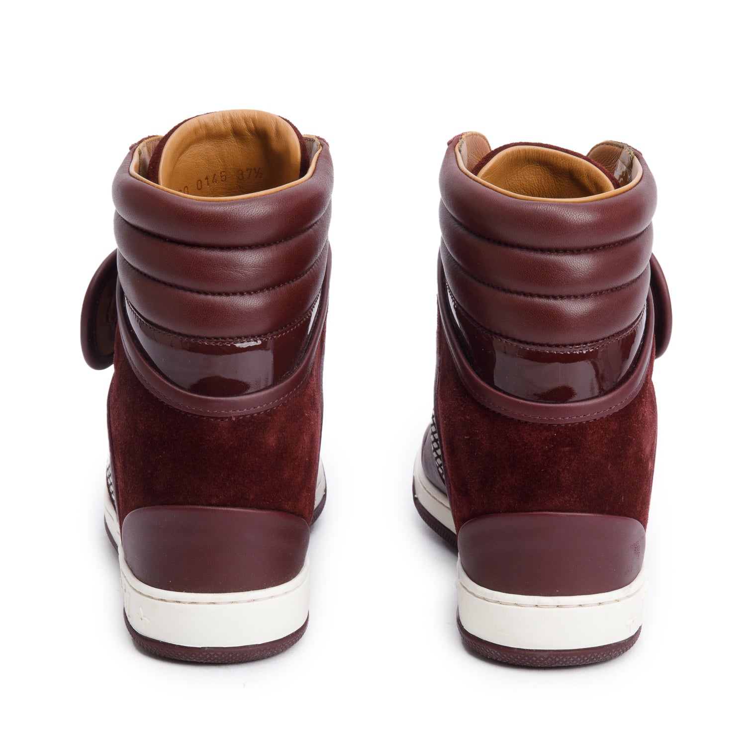 Louis Vuitton Burgundy Suede/Leather Postmark Wedge High-Top Sneakers, Size 37.5 w/ Box & Receipt