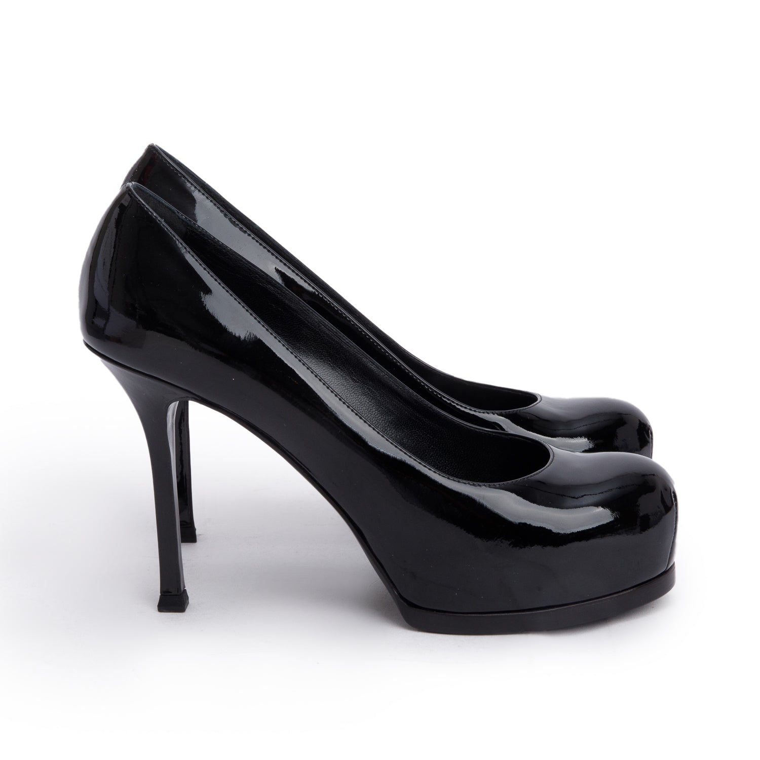 Saint Laurent Black Patent Leather Tribute Platform Pumps, Size 37 w/ Box