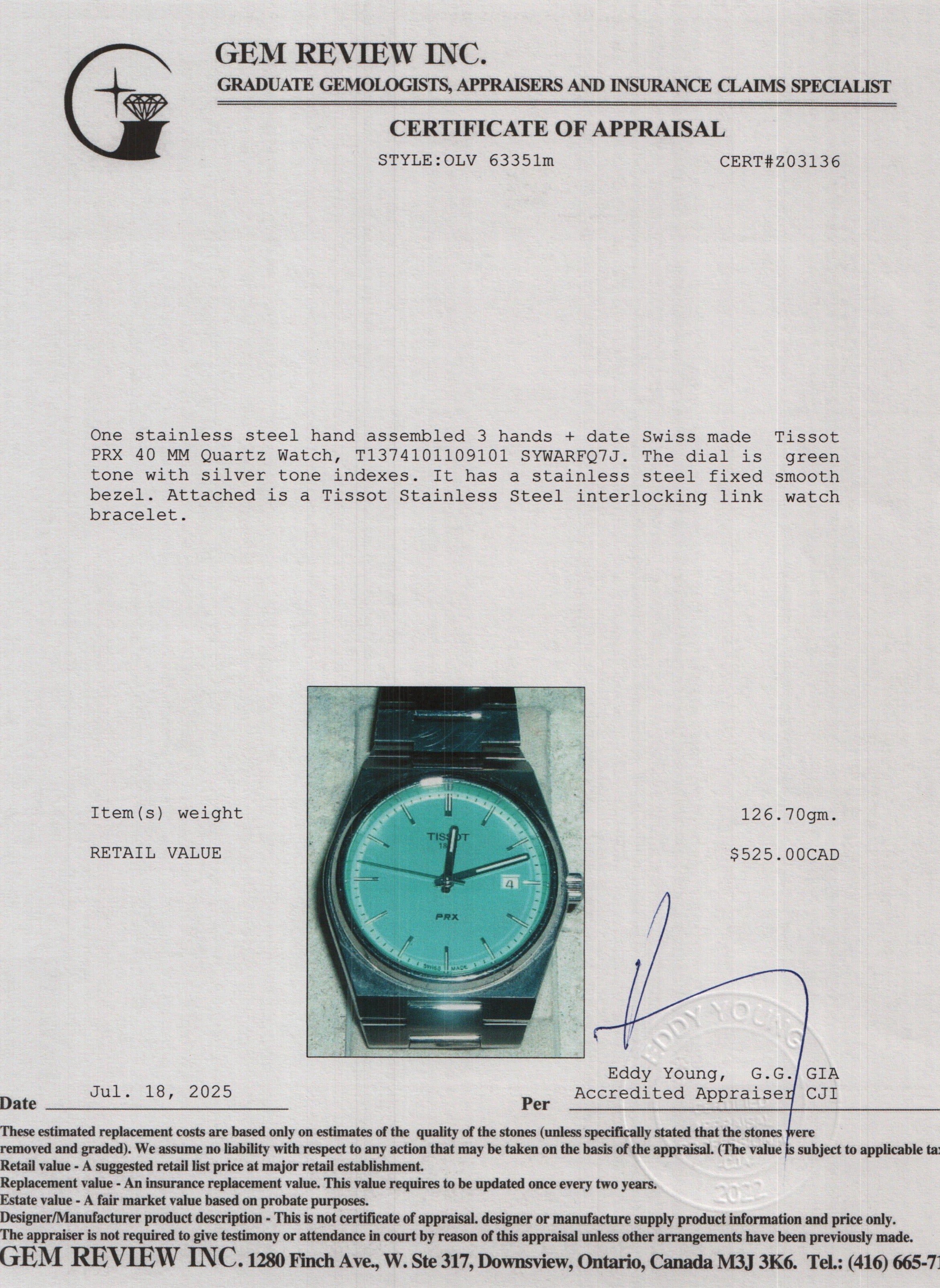 Tissot 2023 Stainless Steel PRX 40 MM Quartz Watch Light Green Dial w/ Box & Papers