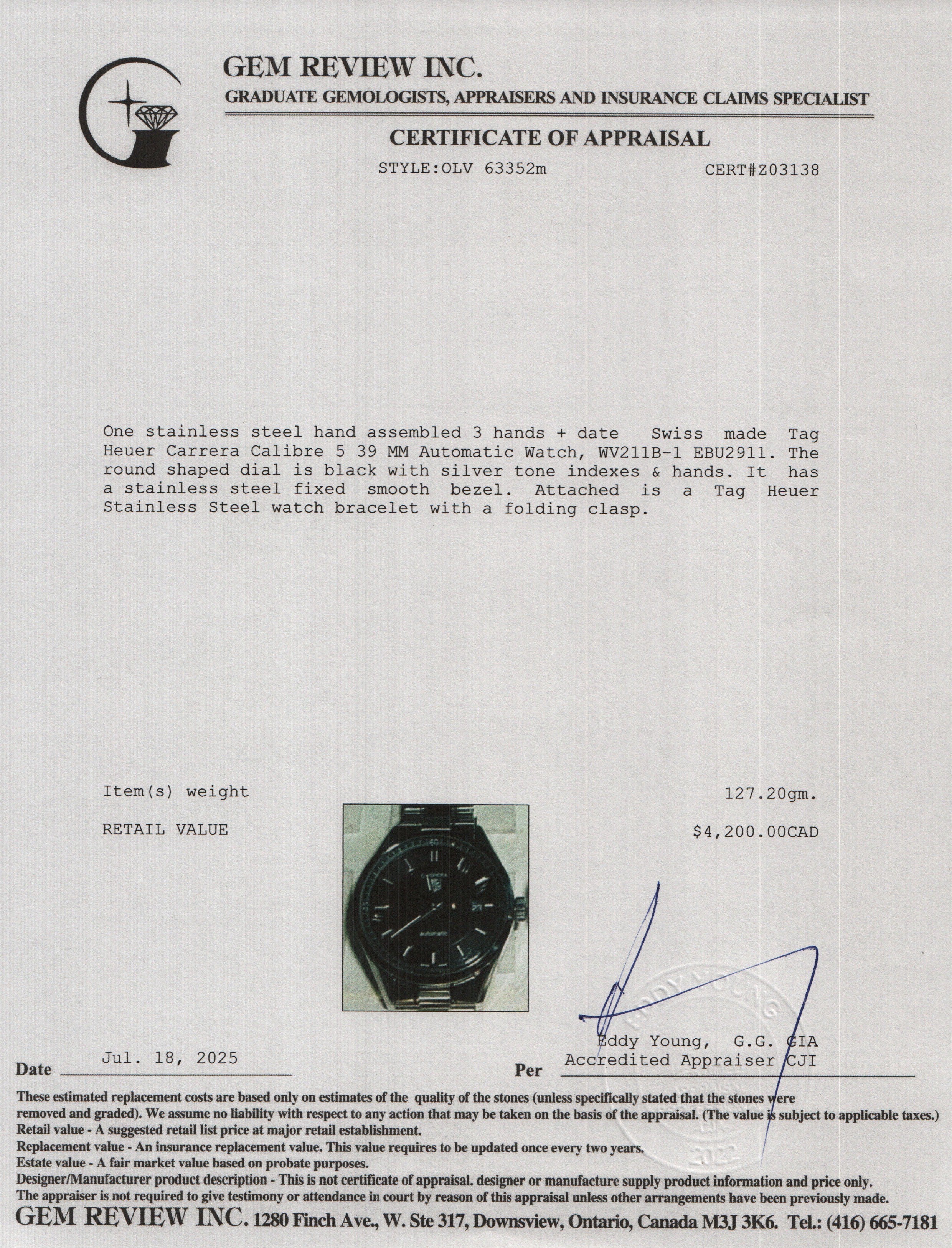 Tag Heuer Stainless Steel Carrera Calibre 5 39 MM Automatic Watch Black Dial WV211B w/ Box & Papers