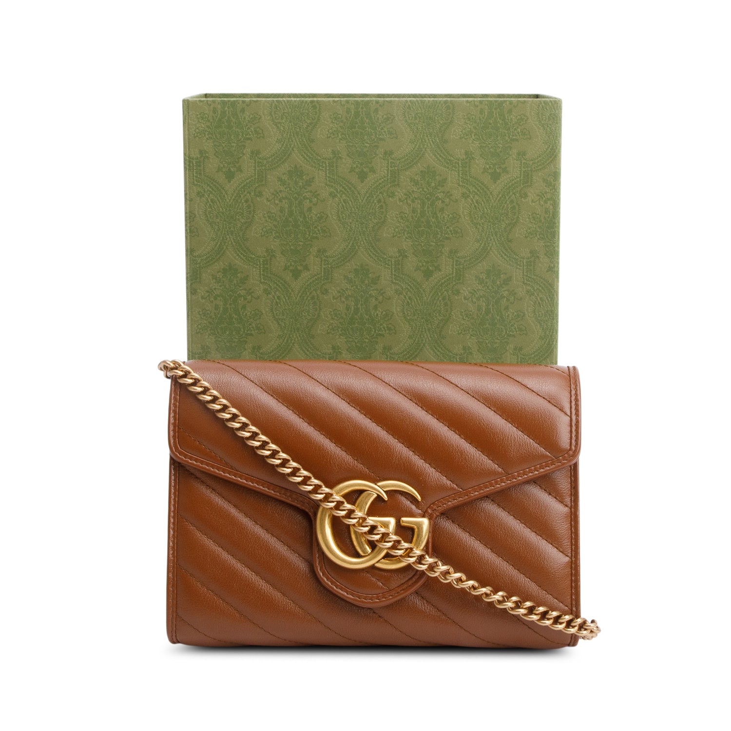 Gucci Brown GG Marmont Mini Wallet on Chain w/ Box