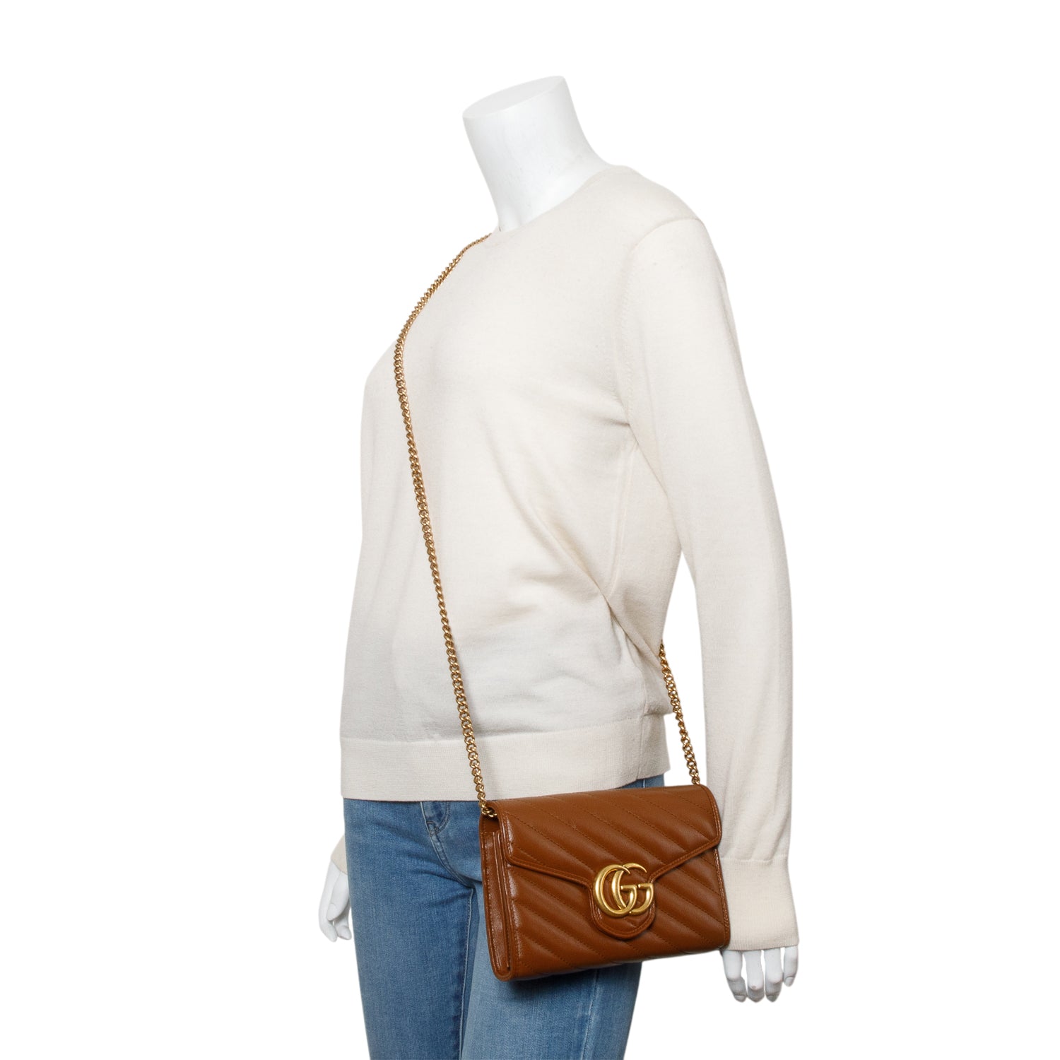 Gucci Brown GG Marmont Mini Wallet on Chain w/ Box