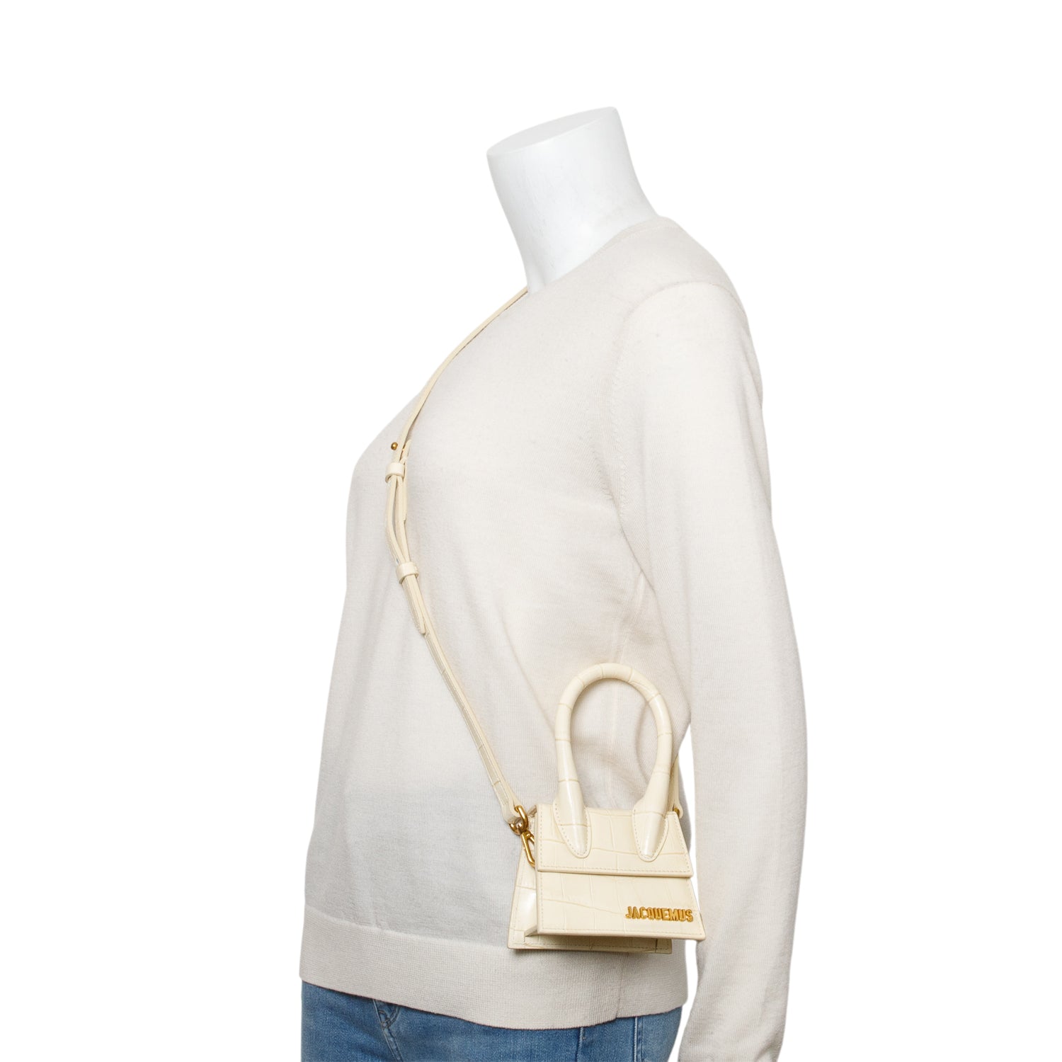 Jacquemus Cream Croc-Embossed Leather Mini Signature Le Chiquito Handle Bag w/ Strap