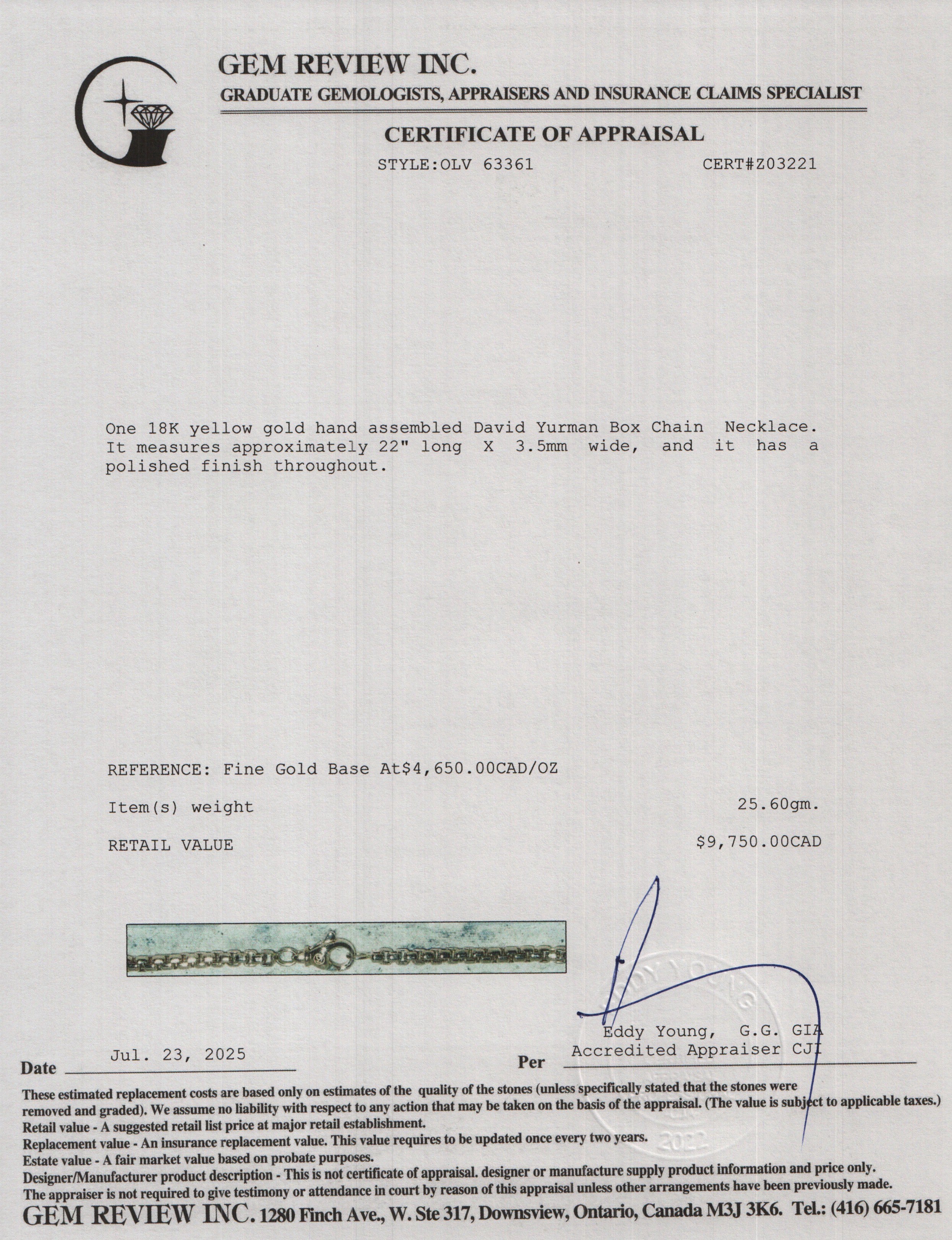 David Yurman 18k Yellow Gold 3.5 MM Box Chain Necklace, 22"