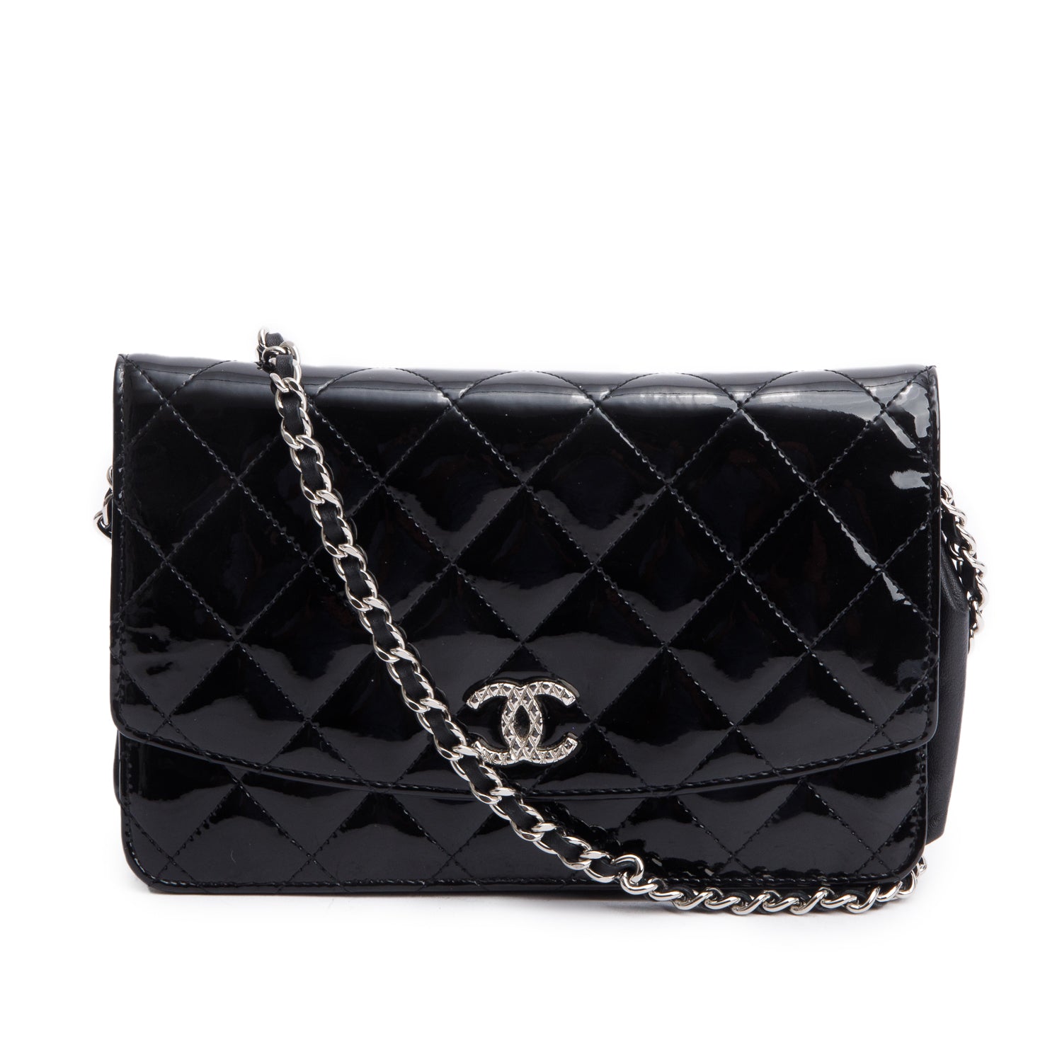 Chanel Black Quilted Patent Leather Classic Wallet on Chain w/ Box & Authenticity Card