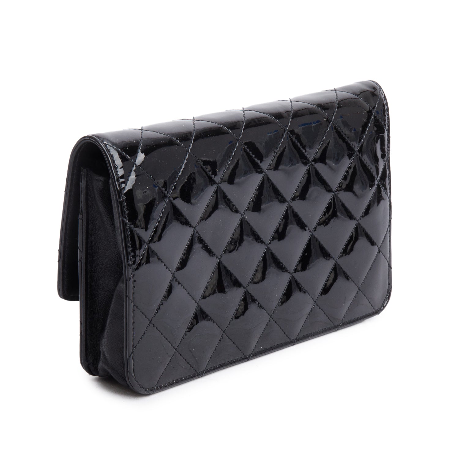 Chanel Black Quilted Patent Leather Classic Wallet on Chain w/ Box & Authenticity Card