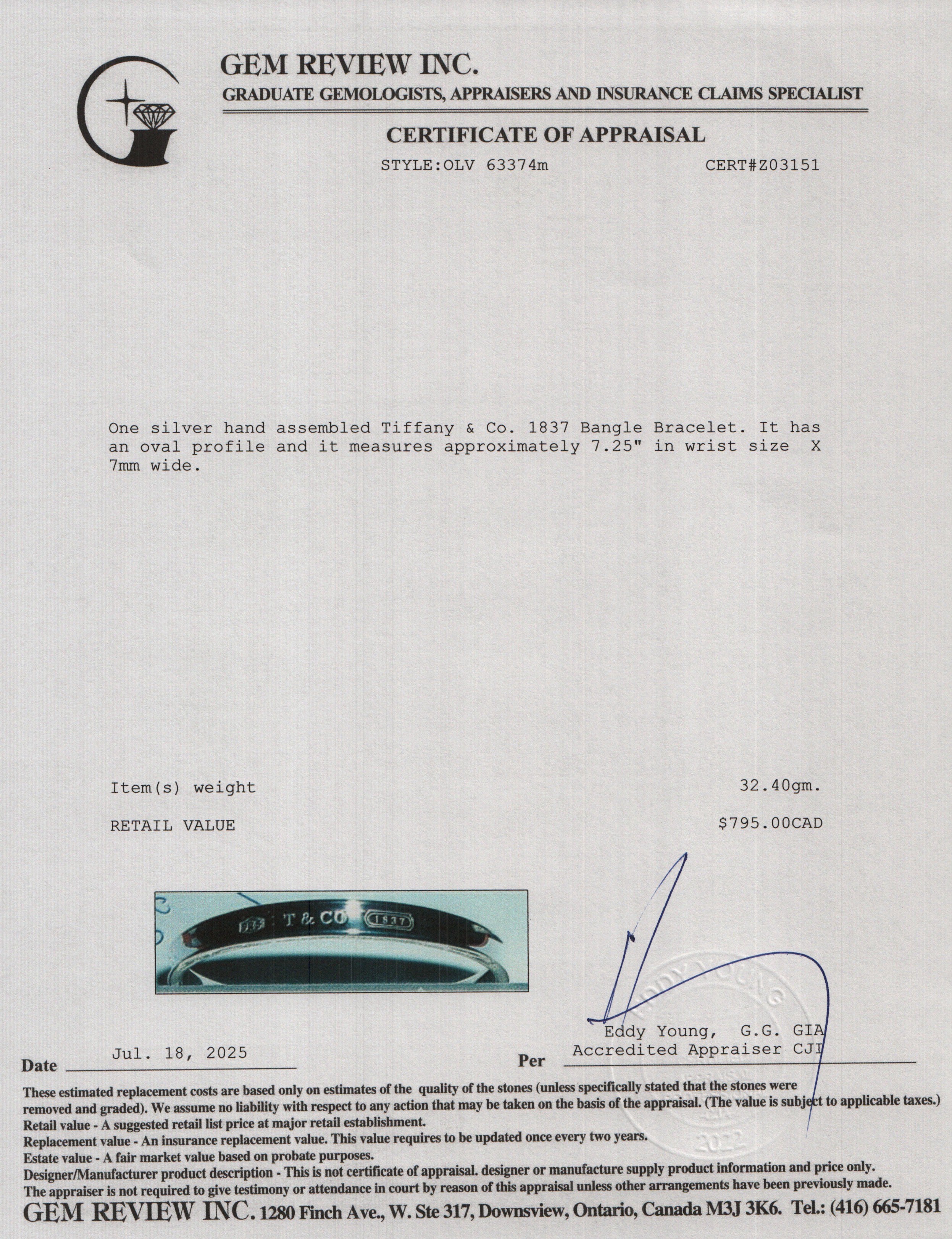 Tiffany & Co. Sterling Silver 1837 Bangle Bracelet