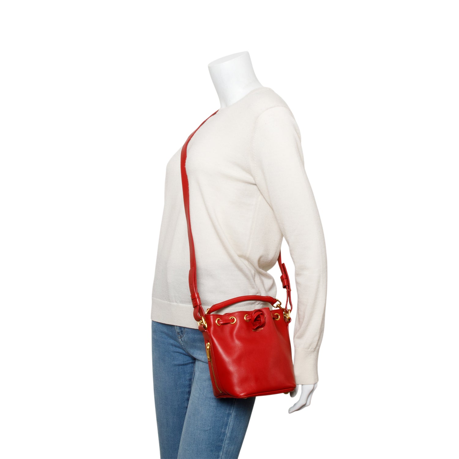Saint Laurent Red Calskin Leather Small Emmanuel Bucket Bag