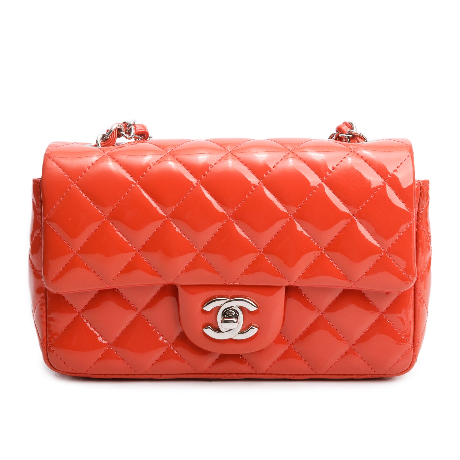 Chanel Red Quilted Patent Leather Classic Mini Rectangular Flap Bag w/ Authenticity Card