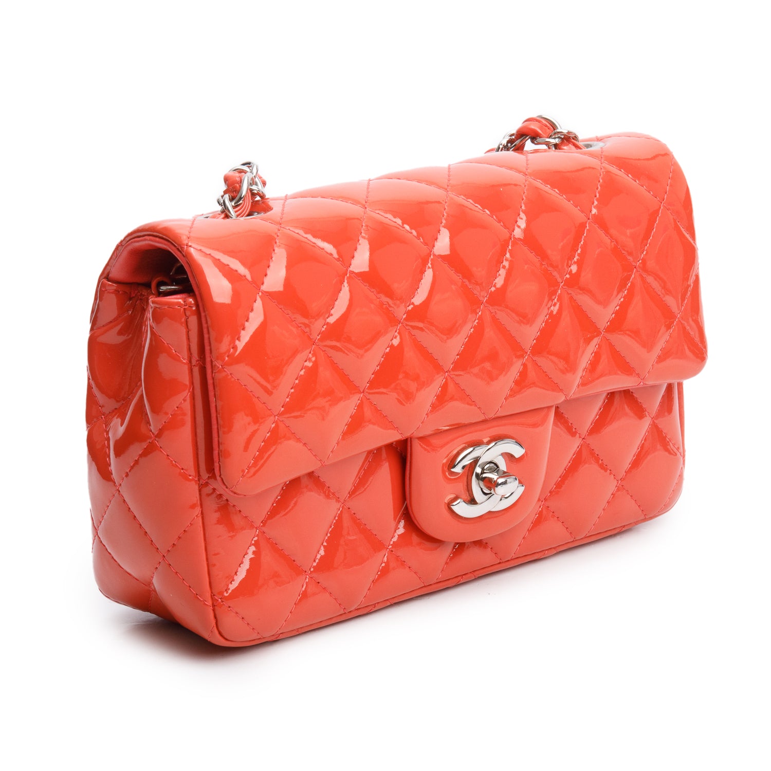Chanel Red Quilted Patent Leather Classic Mini Rectangular Flap Bag w/ Authenticity Card
