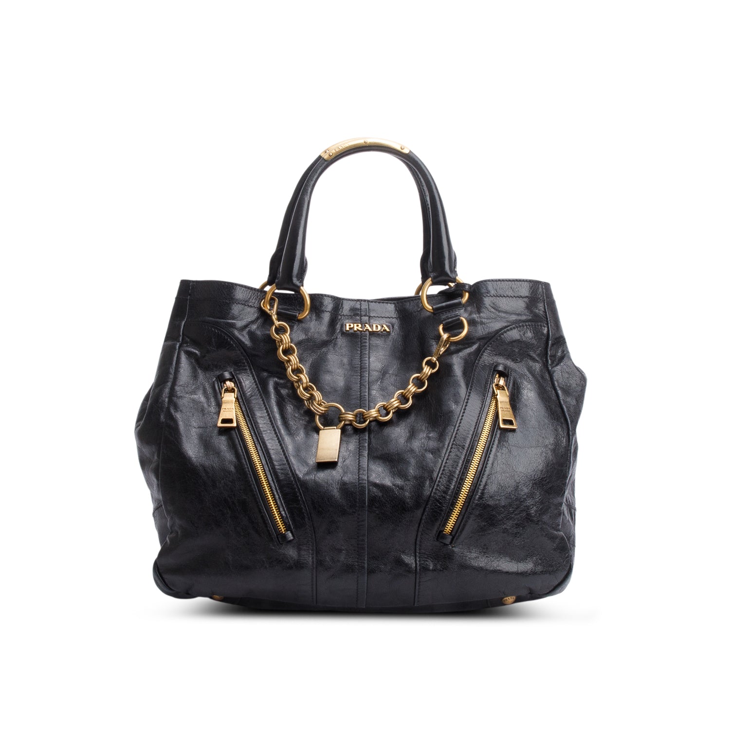 Prada Black Vitello Shine Chain Hobo