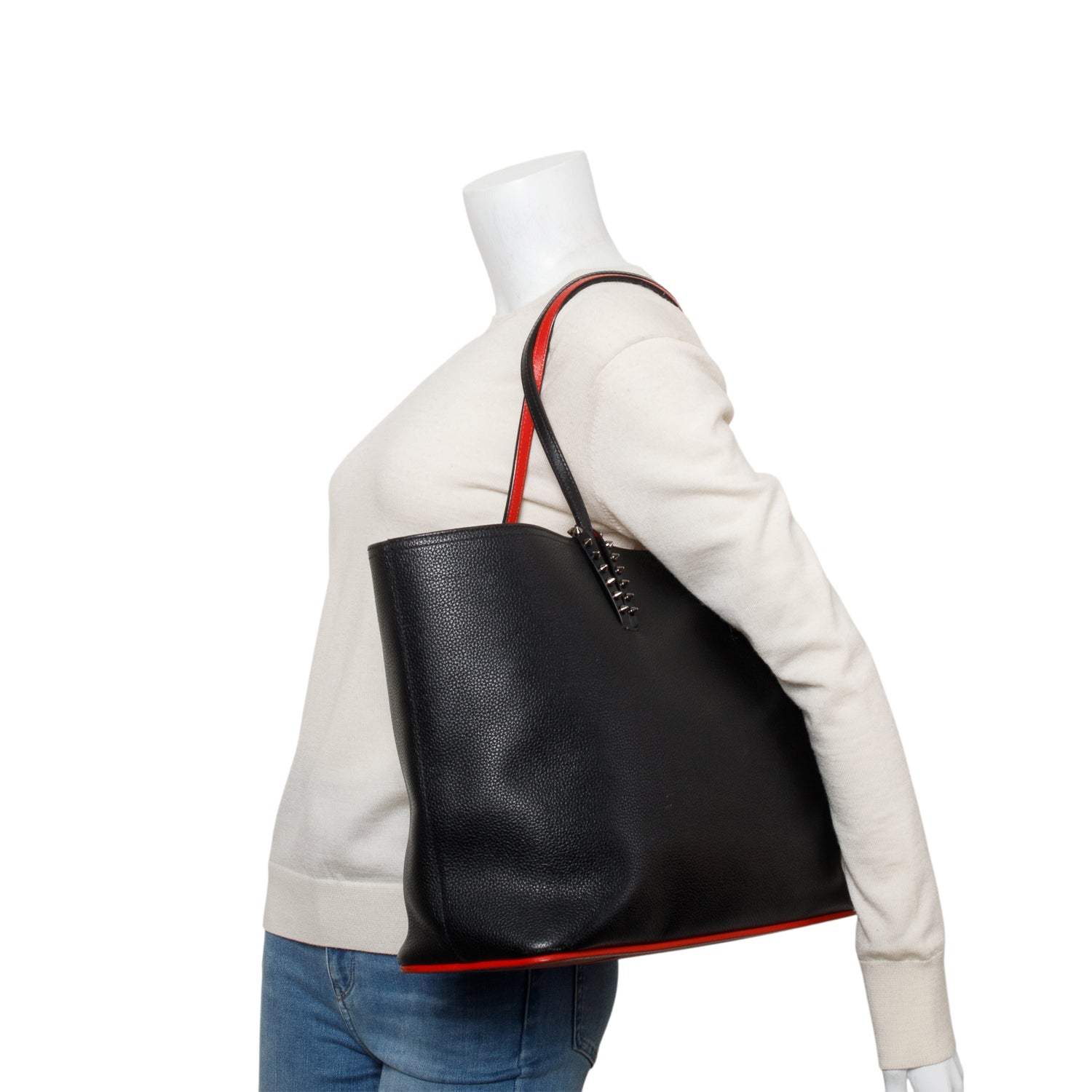 Christian Louboutin Black Calfskin Leather Spike Cabata Tote Bag w/ Pouch
