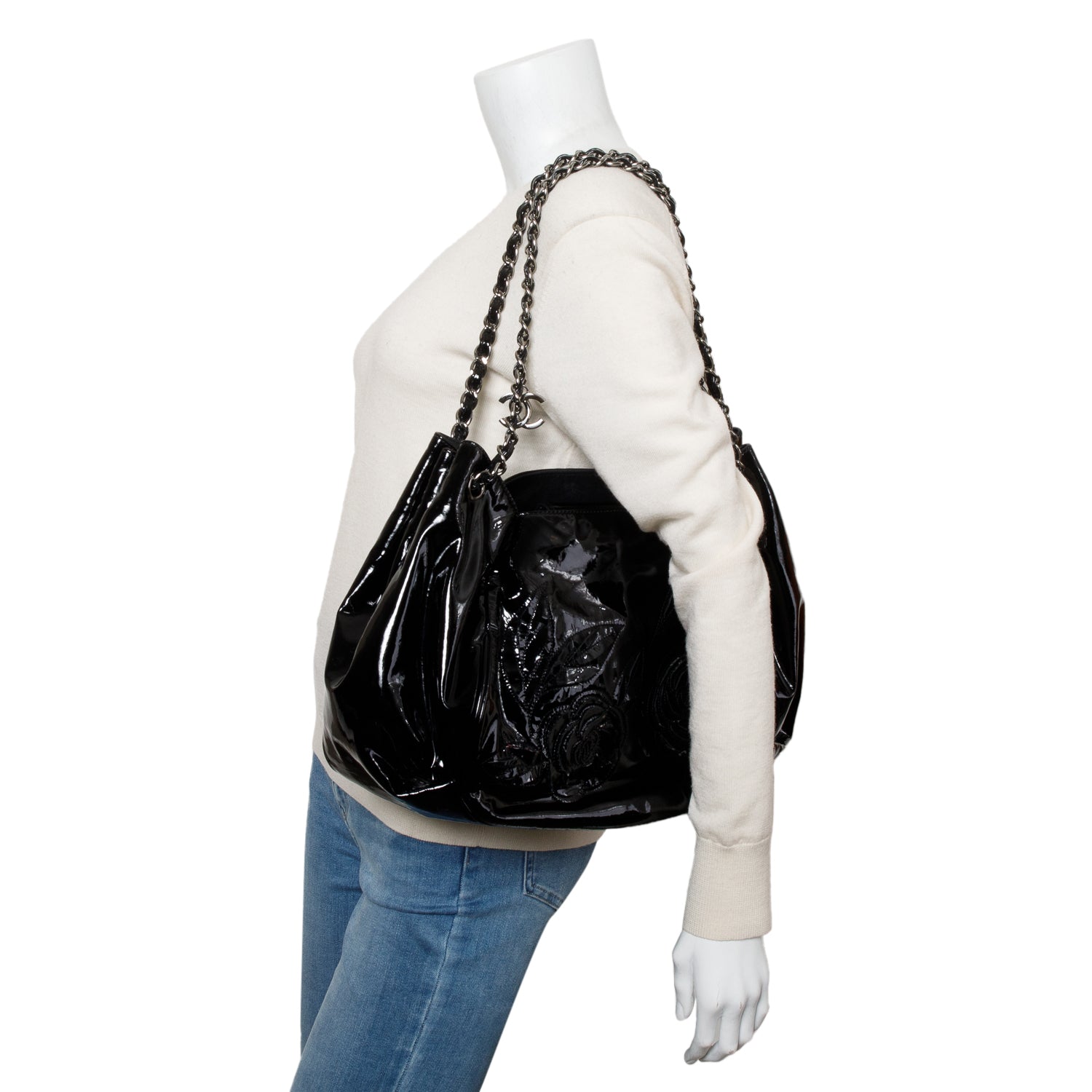 Chanel Black Patent Leather Tweed Petals Accordion Tote w/ Authenticity Card