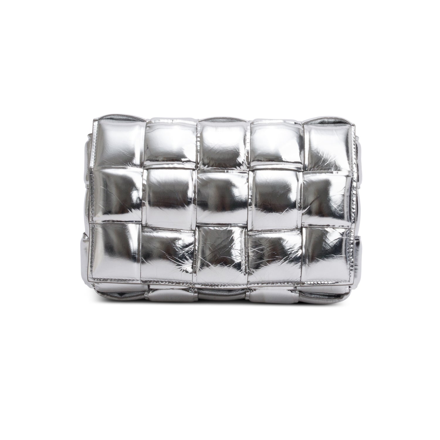 Bottega Veneta Silver Metallic Nappa Intrecciato Padded Chain Cassette Bag