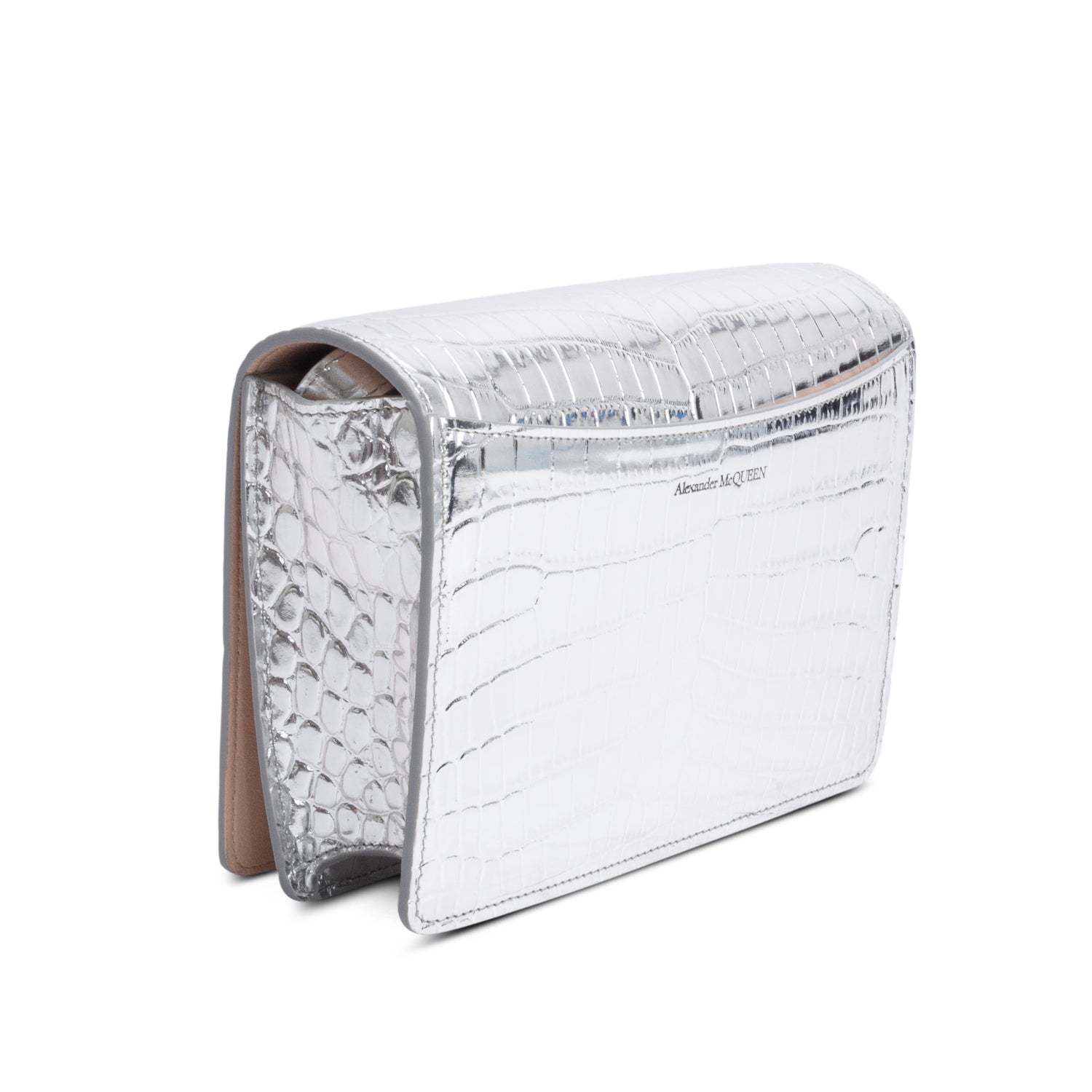 Alexander McQueen Silver Metallic Croc Embossed Four Ring Crossbody Bag
