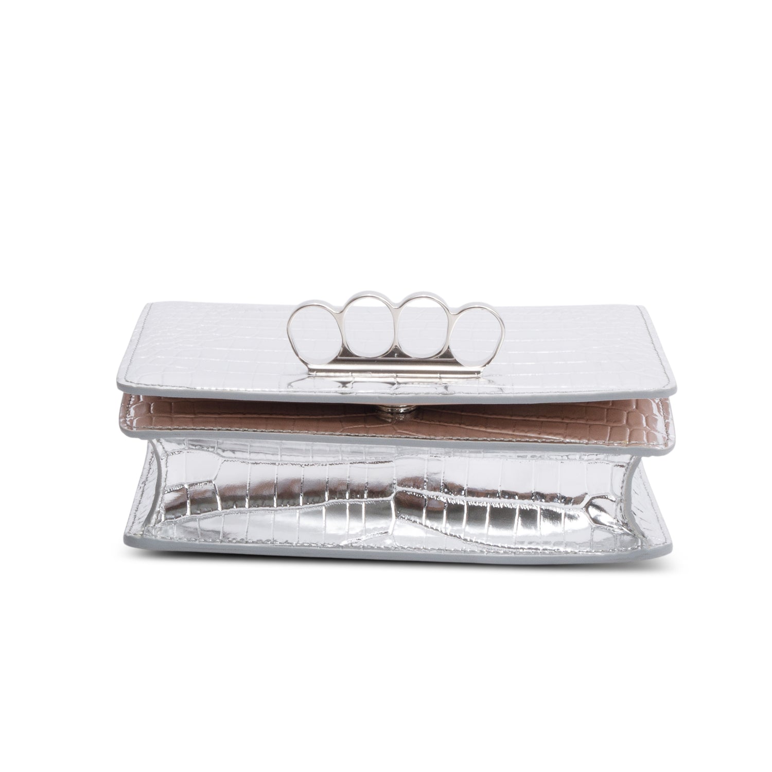 Alexander McQueen Silver Metallic Croc Embossed Four Ring Crossbody Bag
