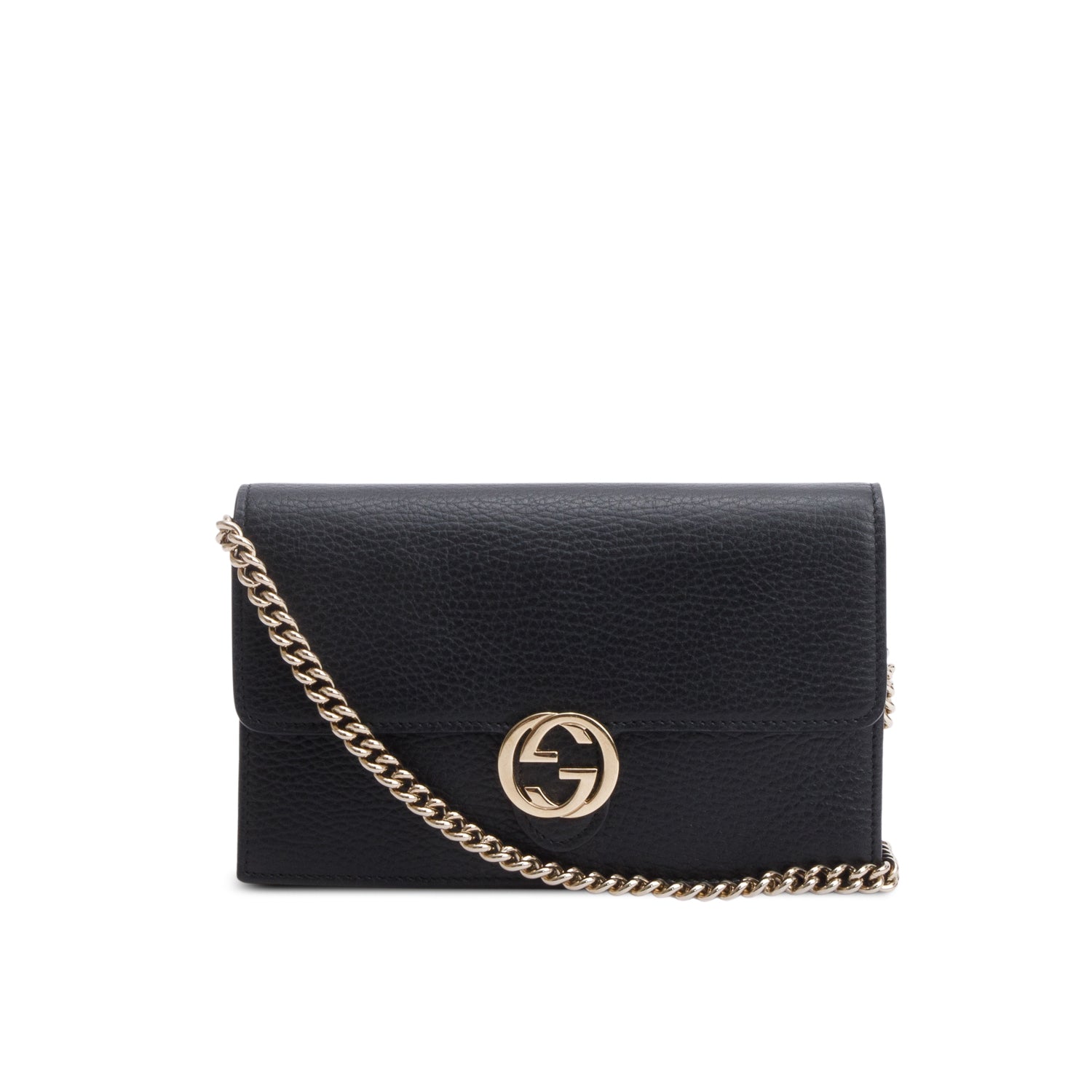 Gucci Black Dollar Calfskin Leather Interlocking GG Wallet on Chain