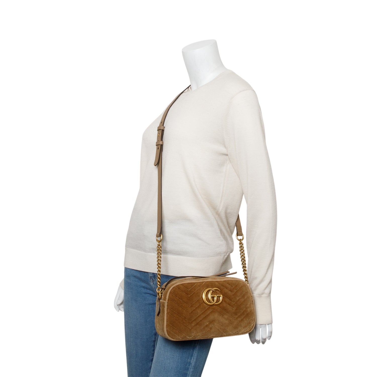 Gucci Brown Velvet Matelasse GG Marmont Small Shoulder Bag w/ Box