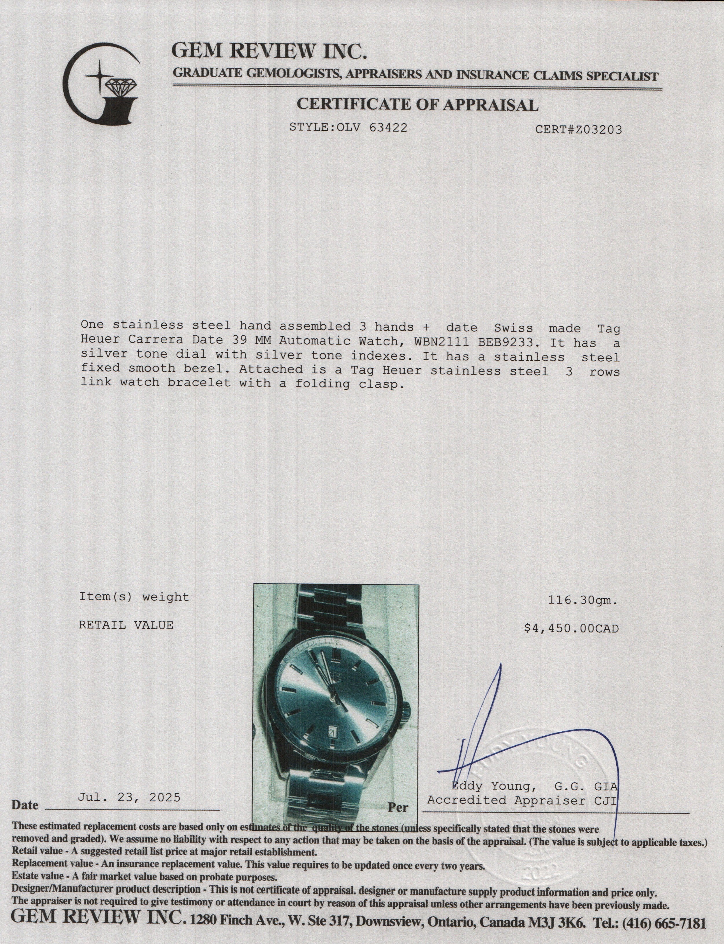 Tag Heuer 2023 Stainless Steel Carrera Date 39 MM Automatic Watch Silver Dial WBN2111 w/ Box & Papers