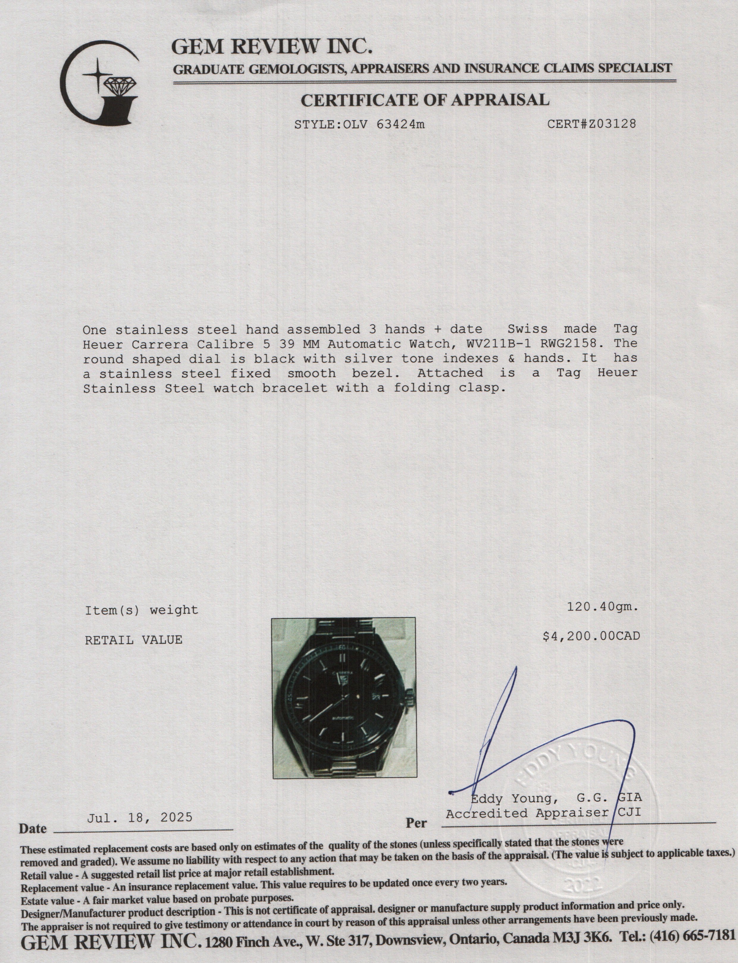 Tag Heuer Stainless Steel Carrera Calibre 5 39 MM Automatic Watch Black Dial WV211B w/ Papers