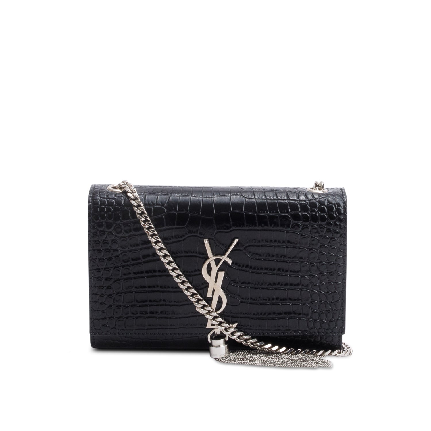 Saint Laurent Black Crocodile-Embossed Leather Small Classic Monogram Kate Tassel Chain Bag