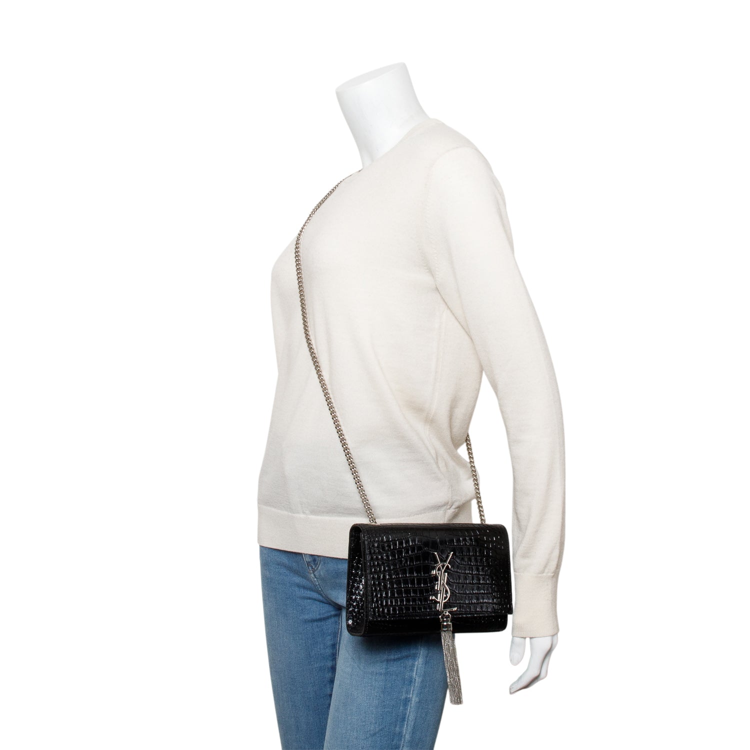 Saint Laurent Black Crocodile-Embossed Leather Small Classic Monogram Kate Tassel Chain Bag